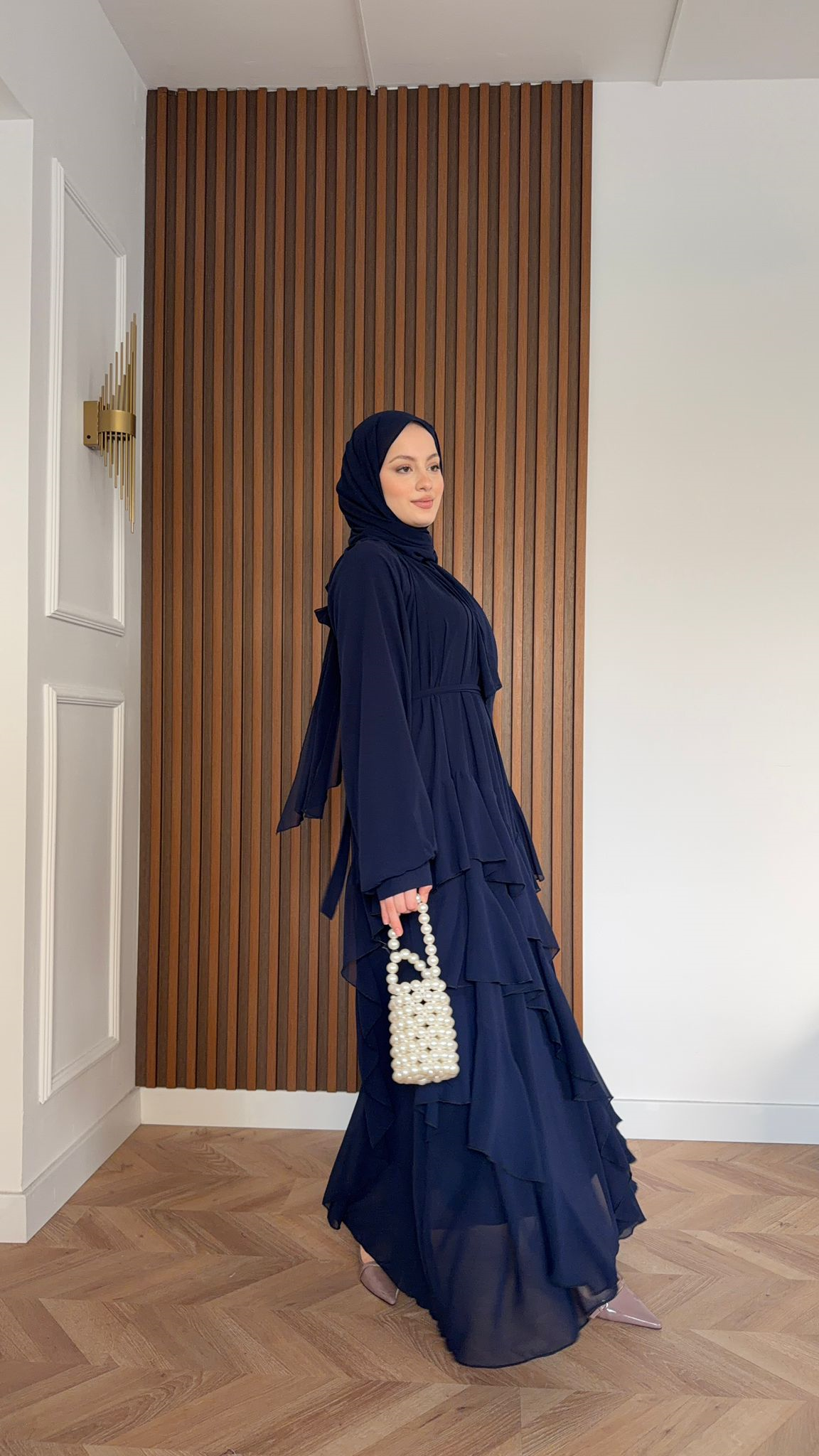 MEYSADESIGN DRESSES Feza Kat Detaylı Şifon Şallı Elbise Lacivert