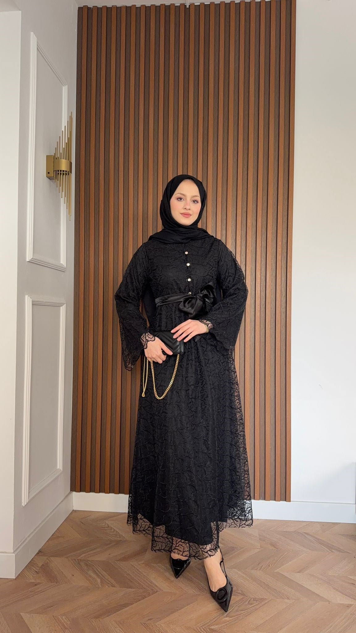 MEYSADESIGN ELBİSELER Gisha Dantelli Saten Kemerli Elbise Siyah
