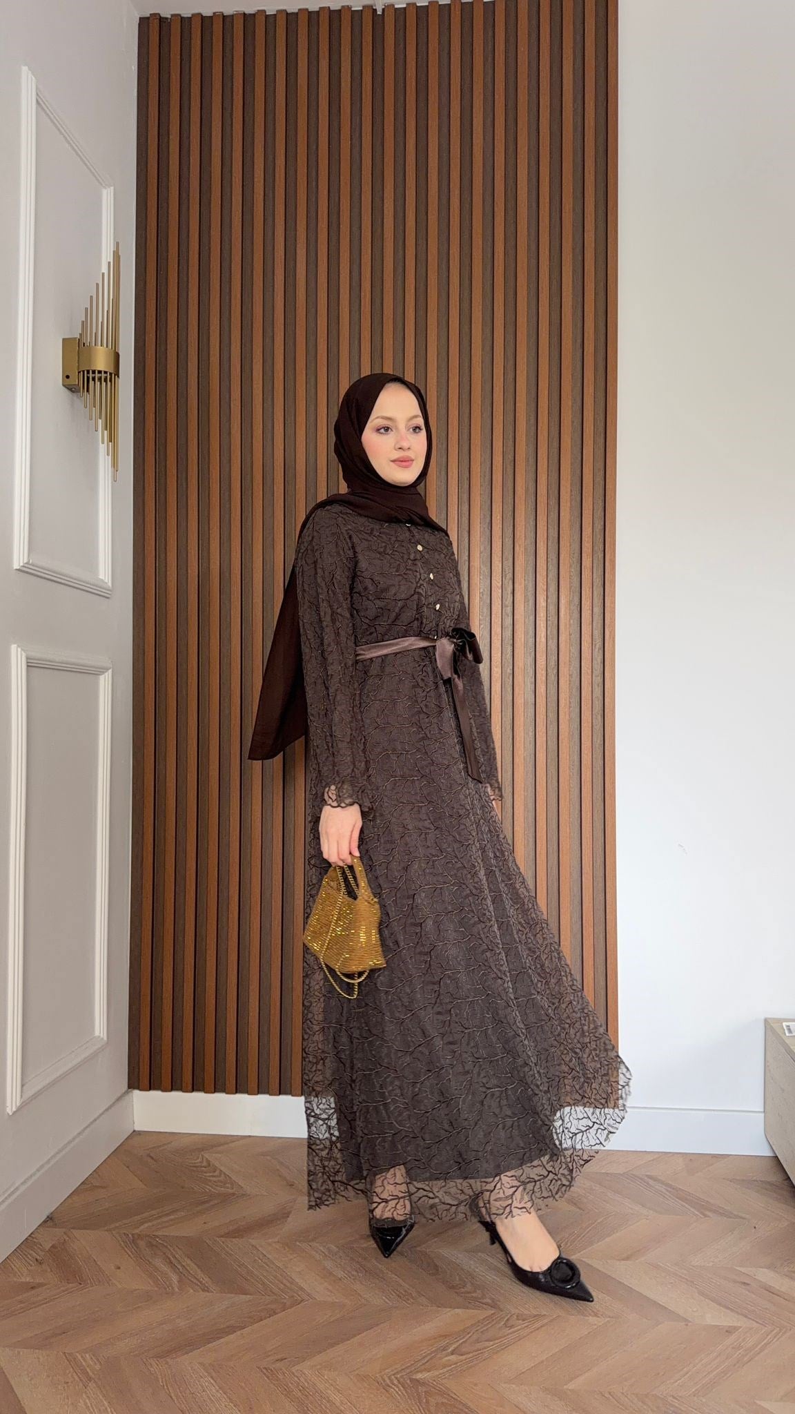 MEYSADESIGN ELBİSELER Gisha Dantelli Saten Kemerli Elbise Acı Kahve