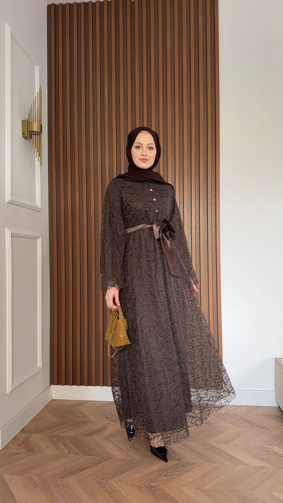 MEYSADESIGN ELBİSELER Gisha Dantelli Saten Kemerli Elbise Acı Kahve