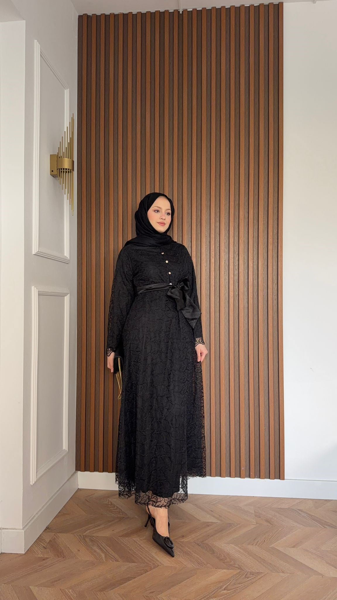 MEYSADESIGN ELBİSELER Gisha Dantelli Saten Kemerli Elbise Siyah