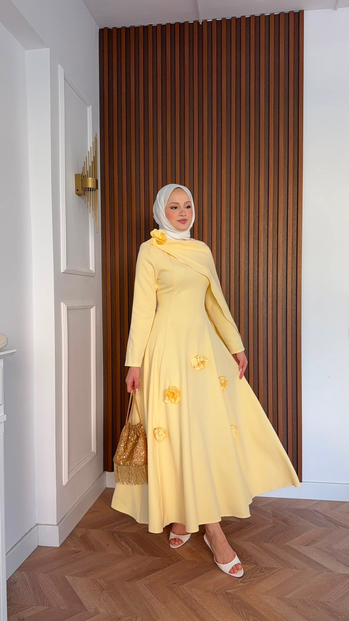 MEYSADESIGN ELBİSELER Gül Detaylı Abiye Sarı
