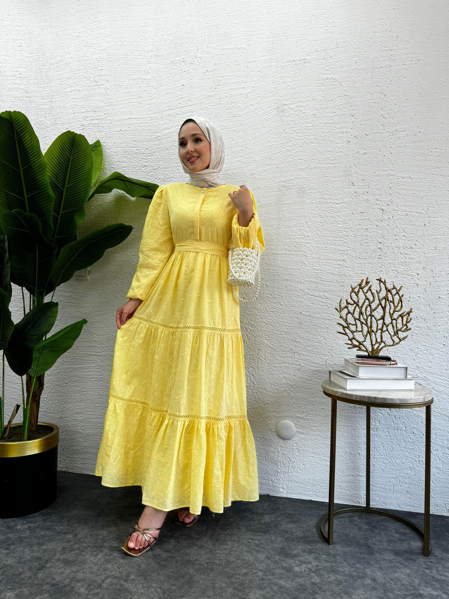 MEYSADESIGN ELBİSELER İncili İşlemeli Elbise Sarı