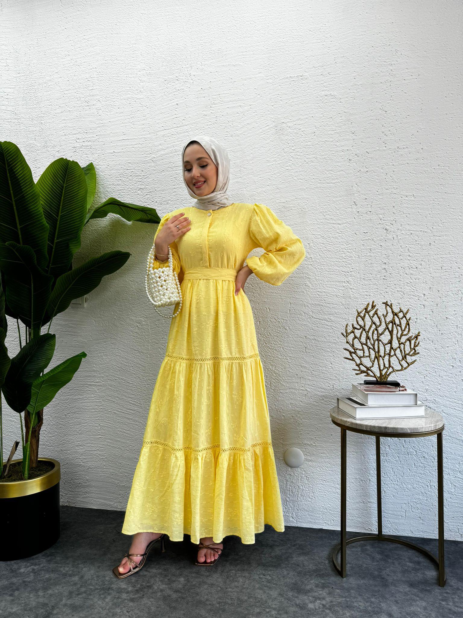 MEYSADESIGN ELBİSELER İncili İşlemeli Elbise Sarı