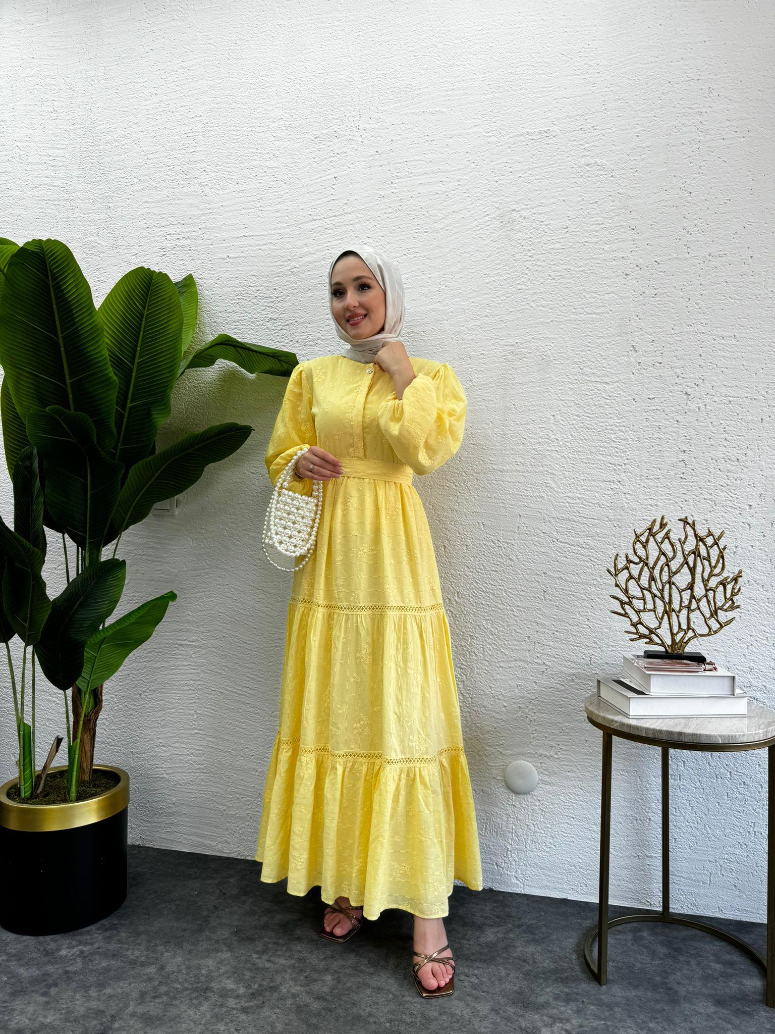MEYSADESIGN ELBİSELER İncili İşlemeli Elbise Sarı