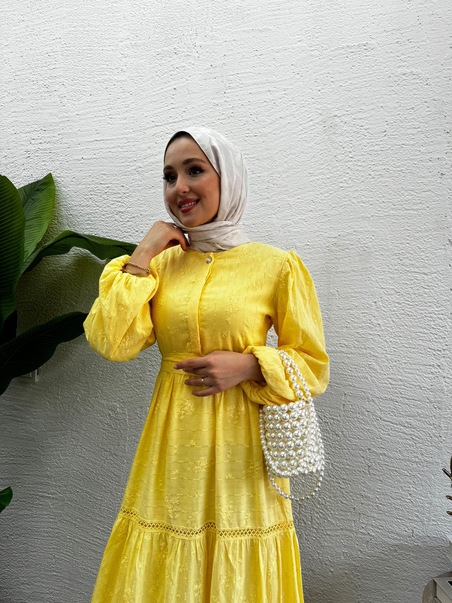 MEYSADESIGN ELBİSELER İncili İşlemeli Elbise Sarı