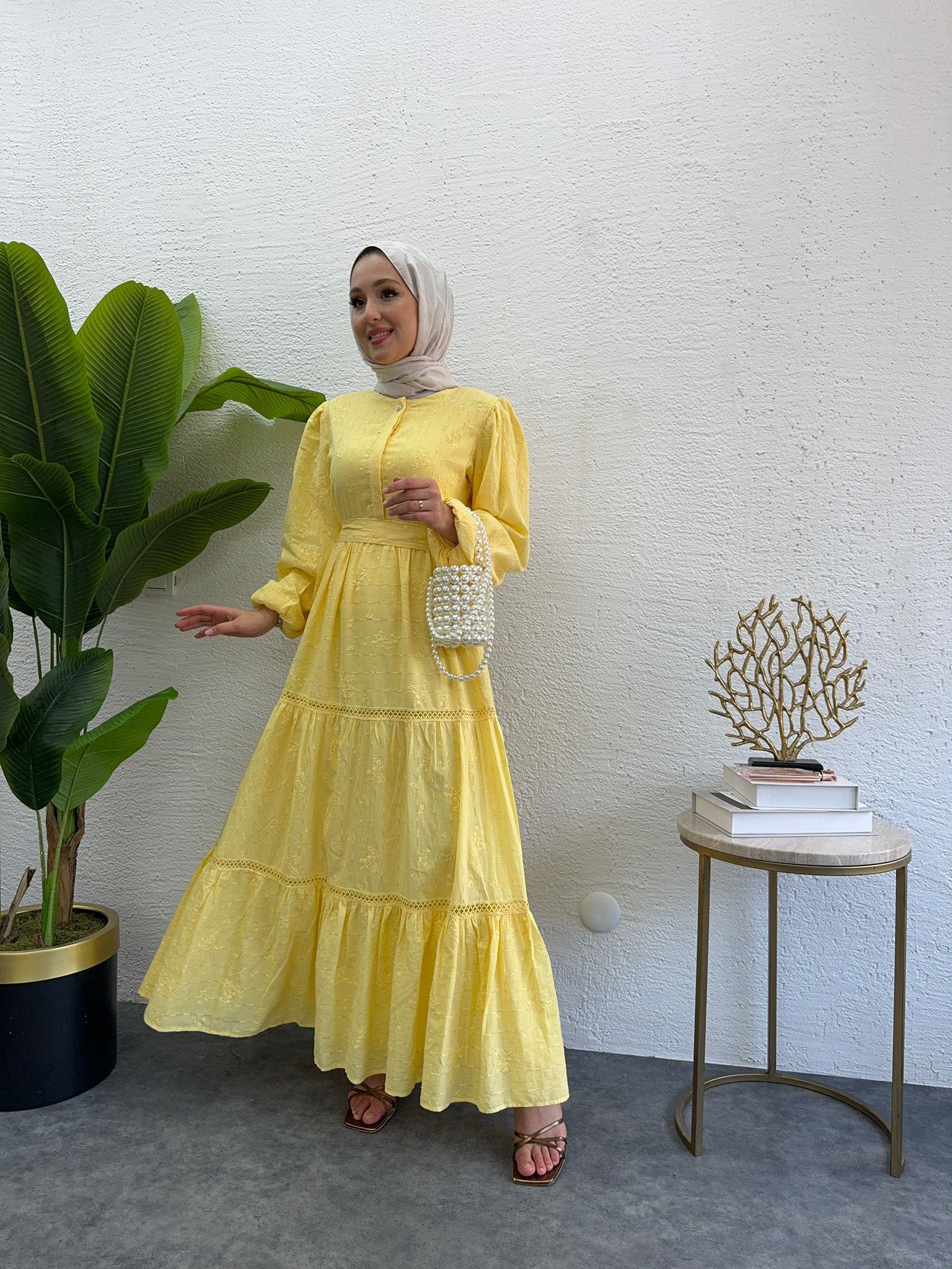 MEYSADESIGN ELBİSELER İncili İşlemeli Elbise Sarı