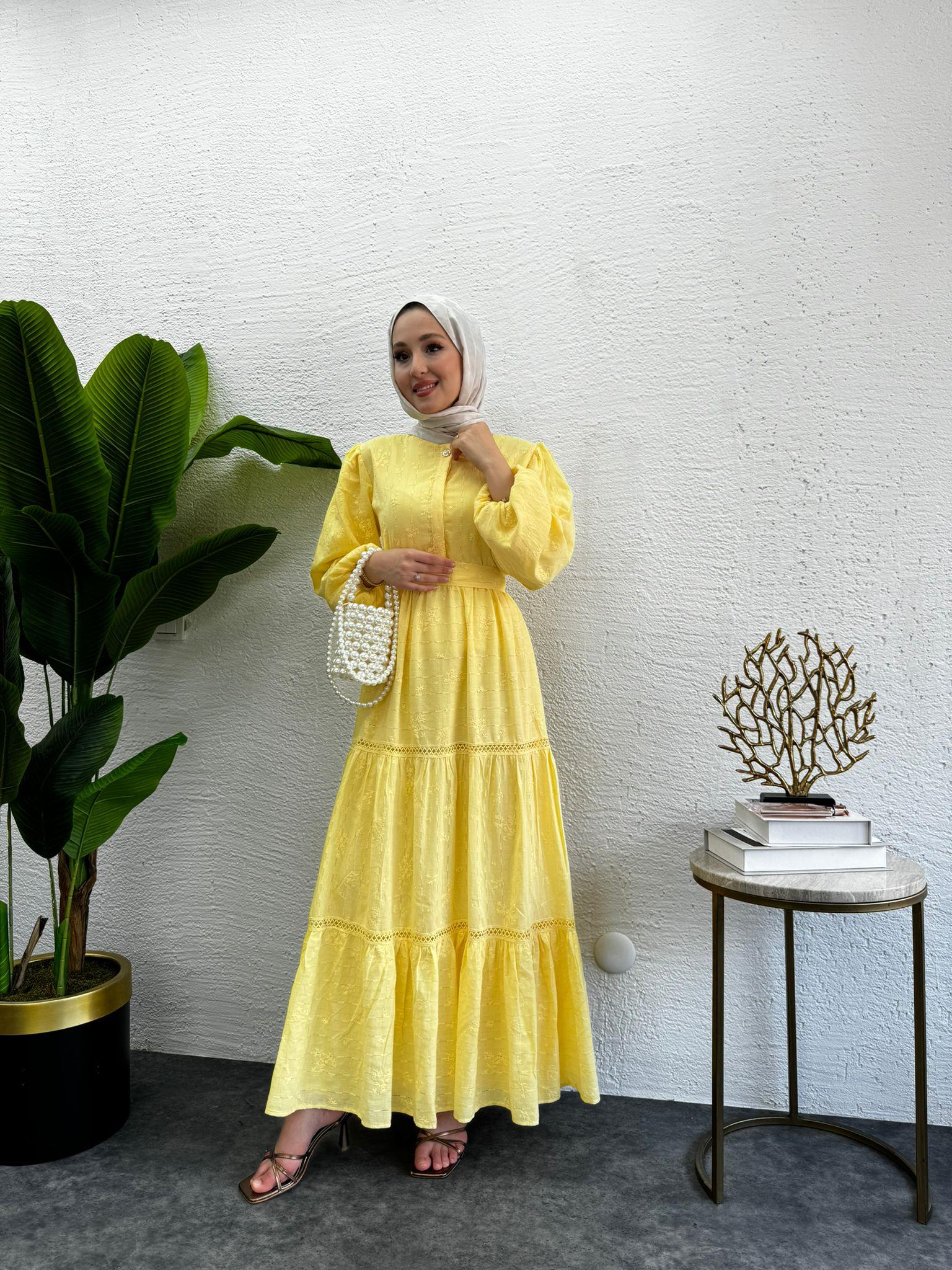 MEYSADESIGN ELBİSELER İncili İşlemeli Elbise Sarı