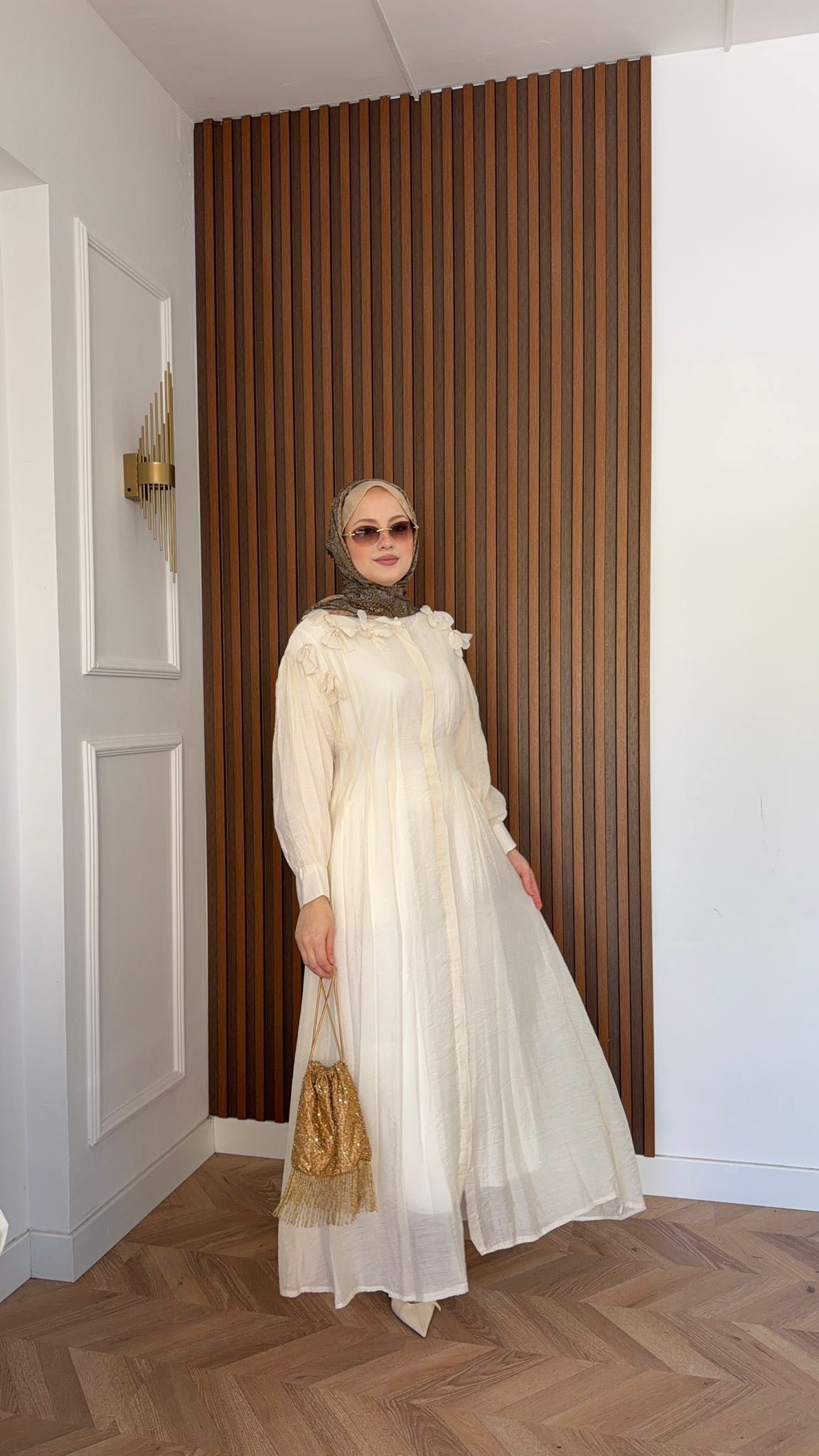 MEYSADESIGN ELBİSELER İncili Pensli Vual Elbise Bej
