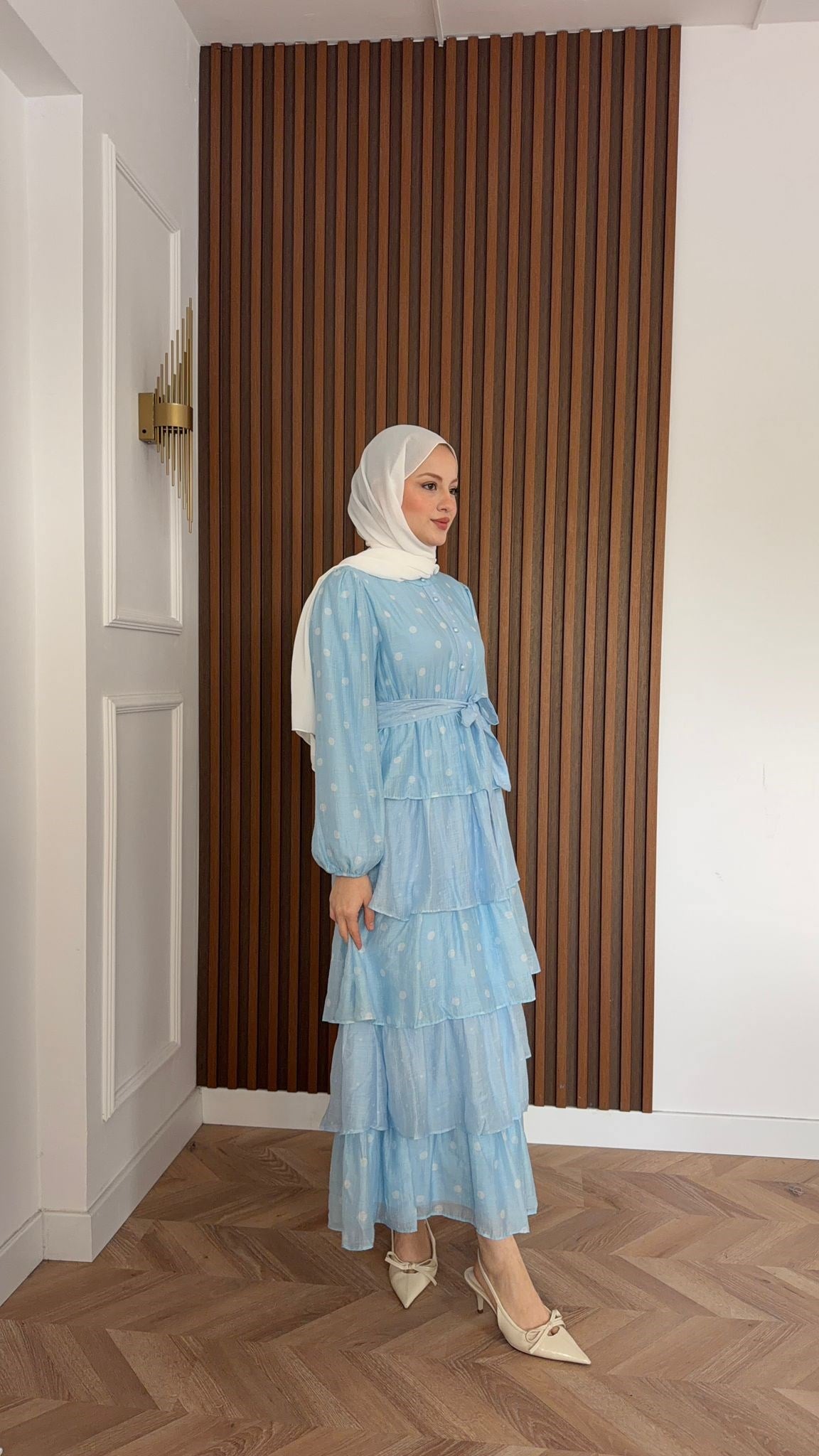 MEYSADESIGN DRESSES Kat Kat Puantiyeli Tensel Elbise Mavi