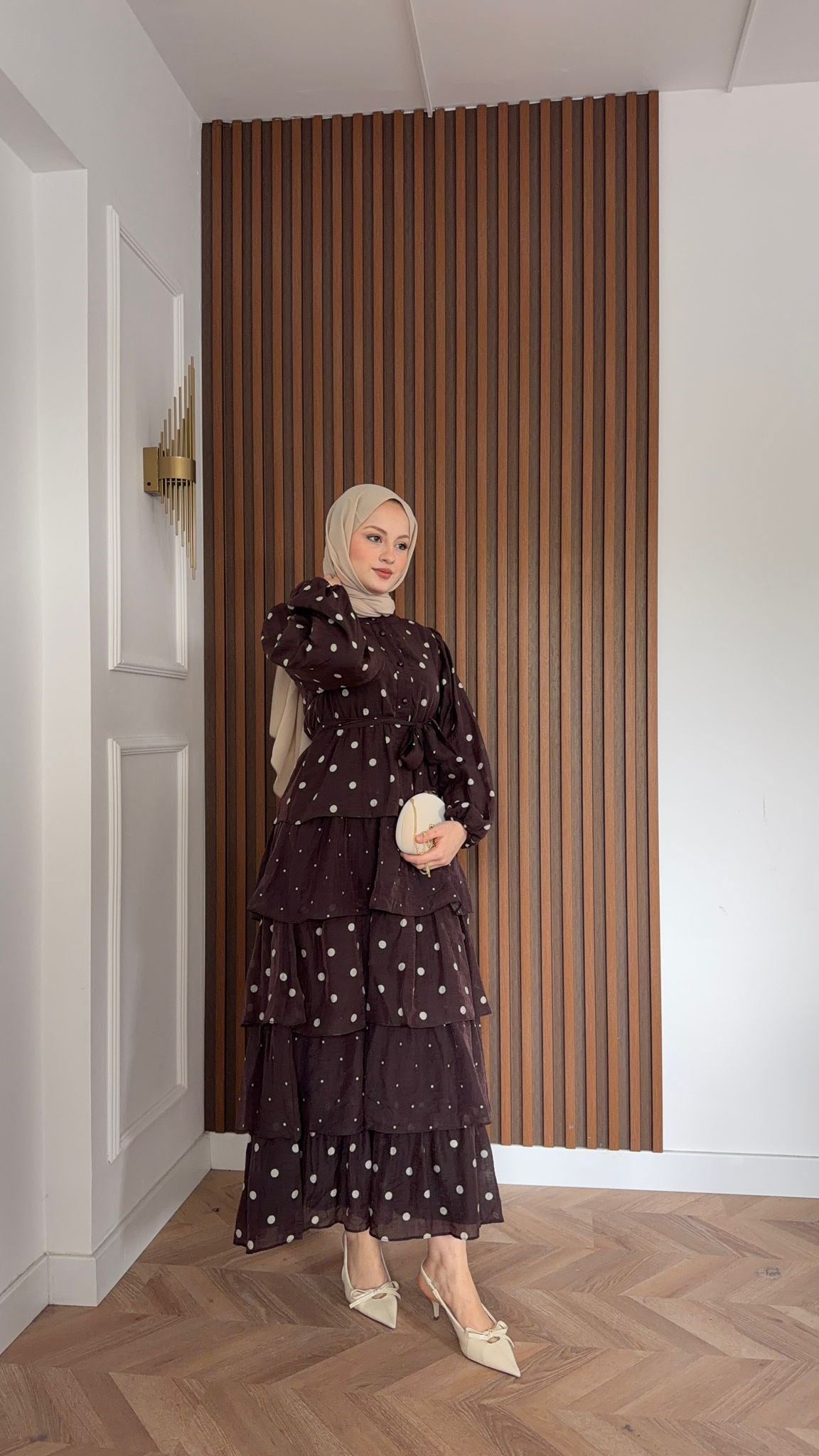 MEYSADESIGN DRESSES Kat Kat Puantiyeli Tensel Elbise Kahve