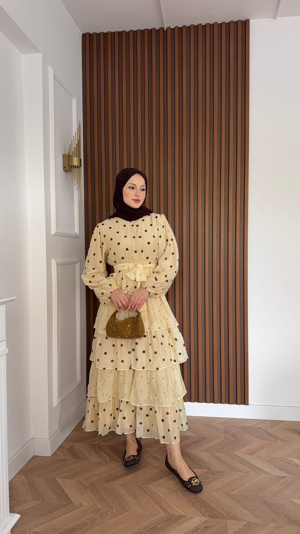 MEYSADESIGN DRESSES Kat Kat Puantiyeli Tensel Elbise Bej