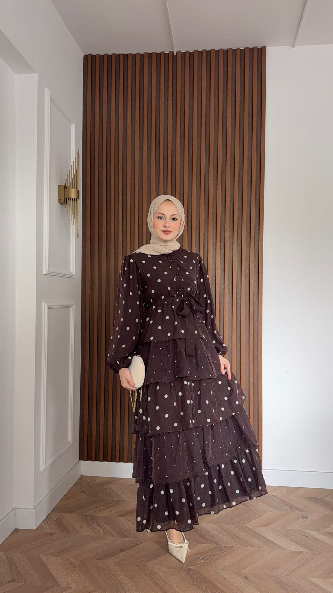 MEYSADESIGN DRESSES Kat Kat Puantiyeli Tensel Elbise Kahve