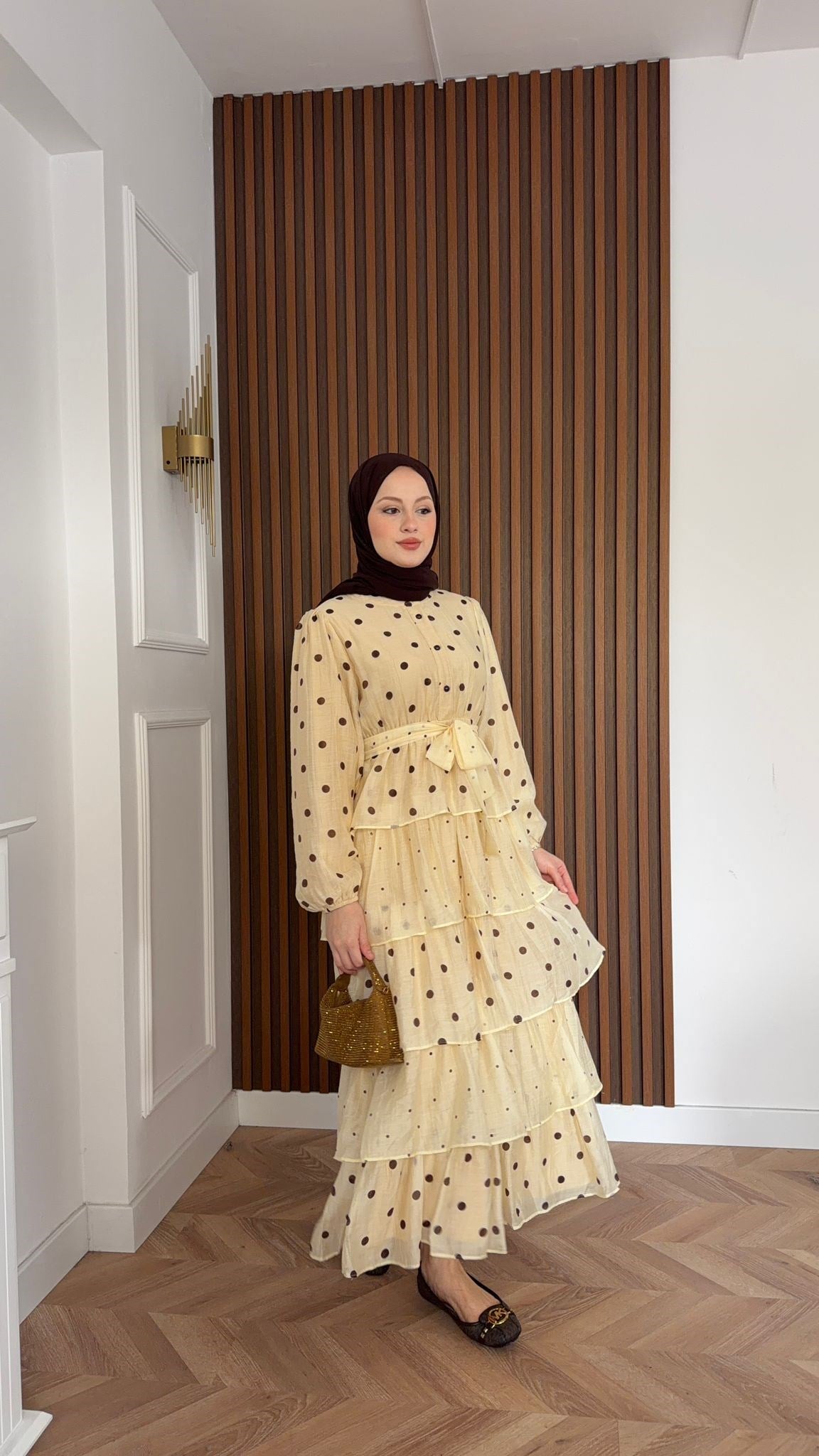 MEYSADESIGN DRESSES Kat Kat Puantiyeli Tensel Elbise Bej