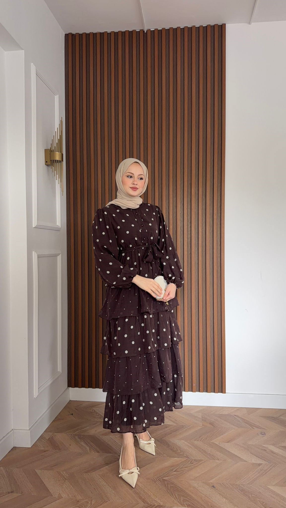 MEYSADESIGN DRESSES Kat Kat Puantiyeli Tensel Elbise Kahve