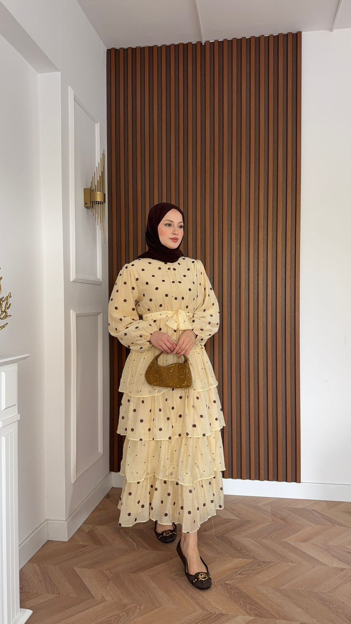 MEYSADESIGN DRESSES Kat Kat Puantiyeli Tensel Elbise Bej