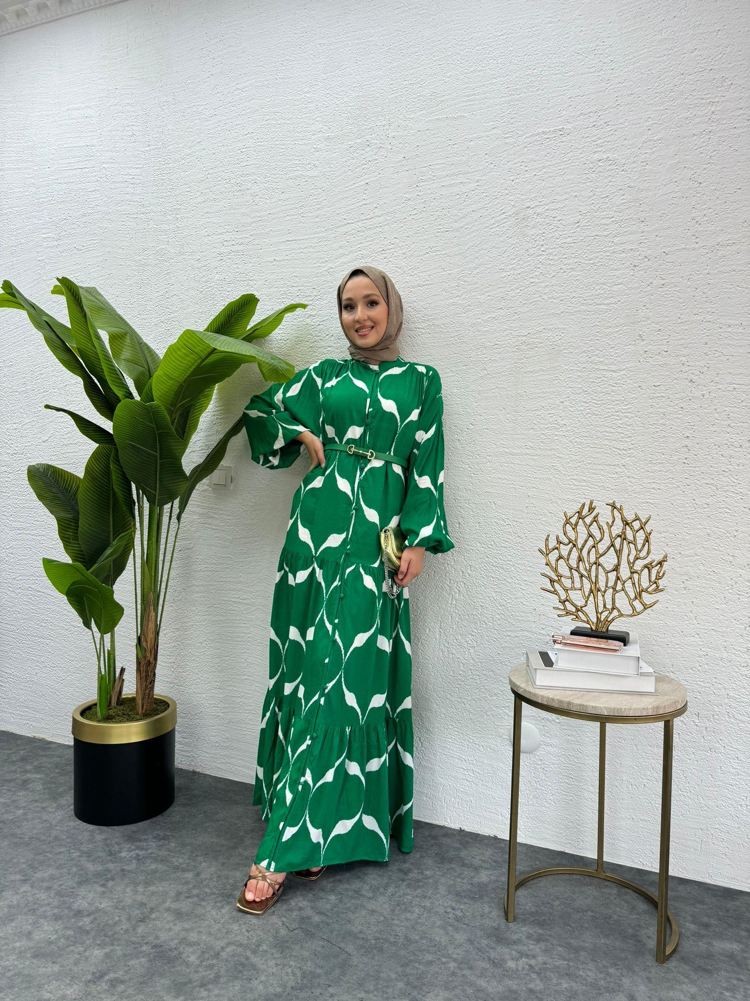 MEYSADESIGN ELBİSELER Kemerli Viskon Elbise Yeşil