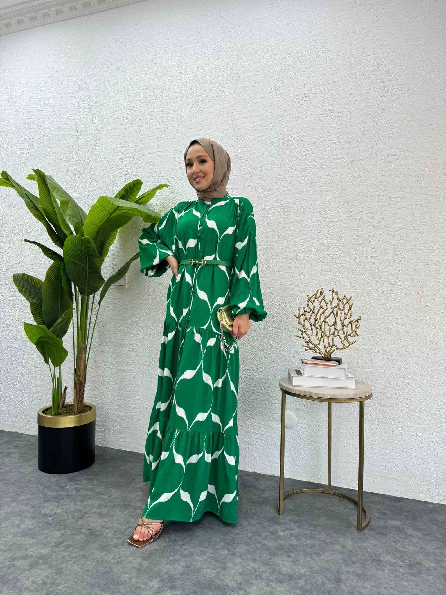 MEYSADESIGN ELBİSELER Kemerli Viskon Elbise Yeşil