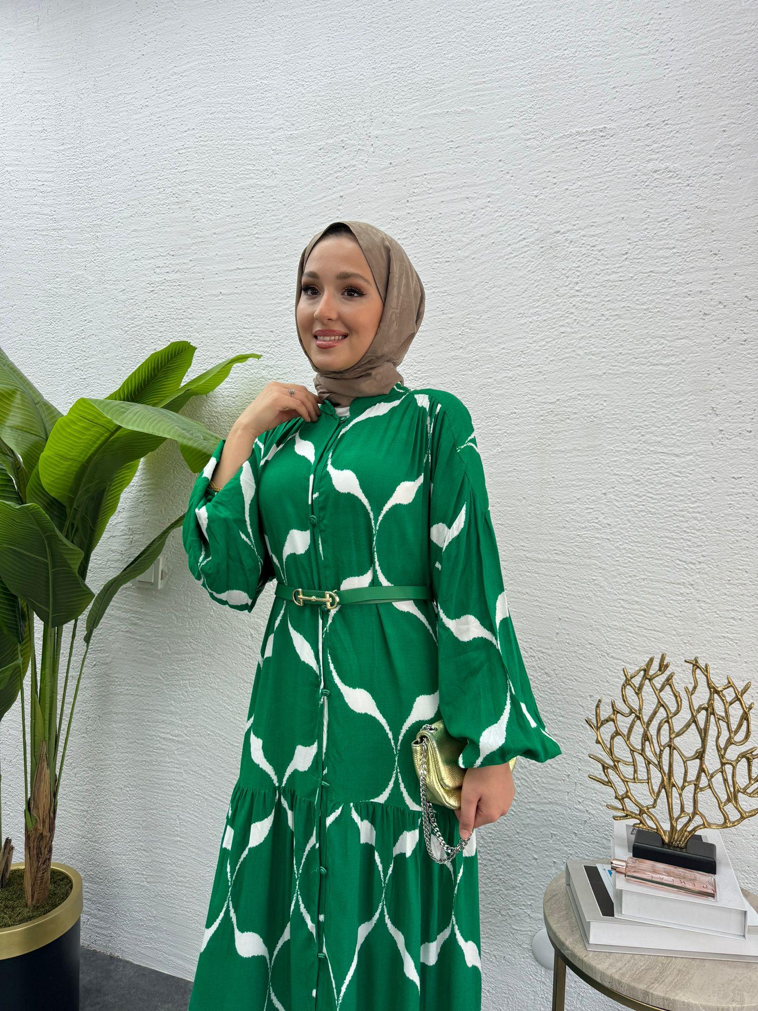 MEYSADESIGN ELBİSELER Kemerli Viskon Elbise Yeşil