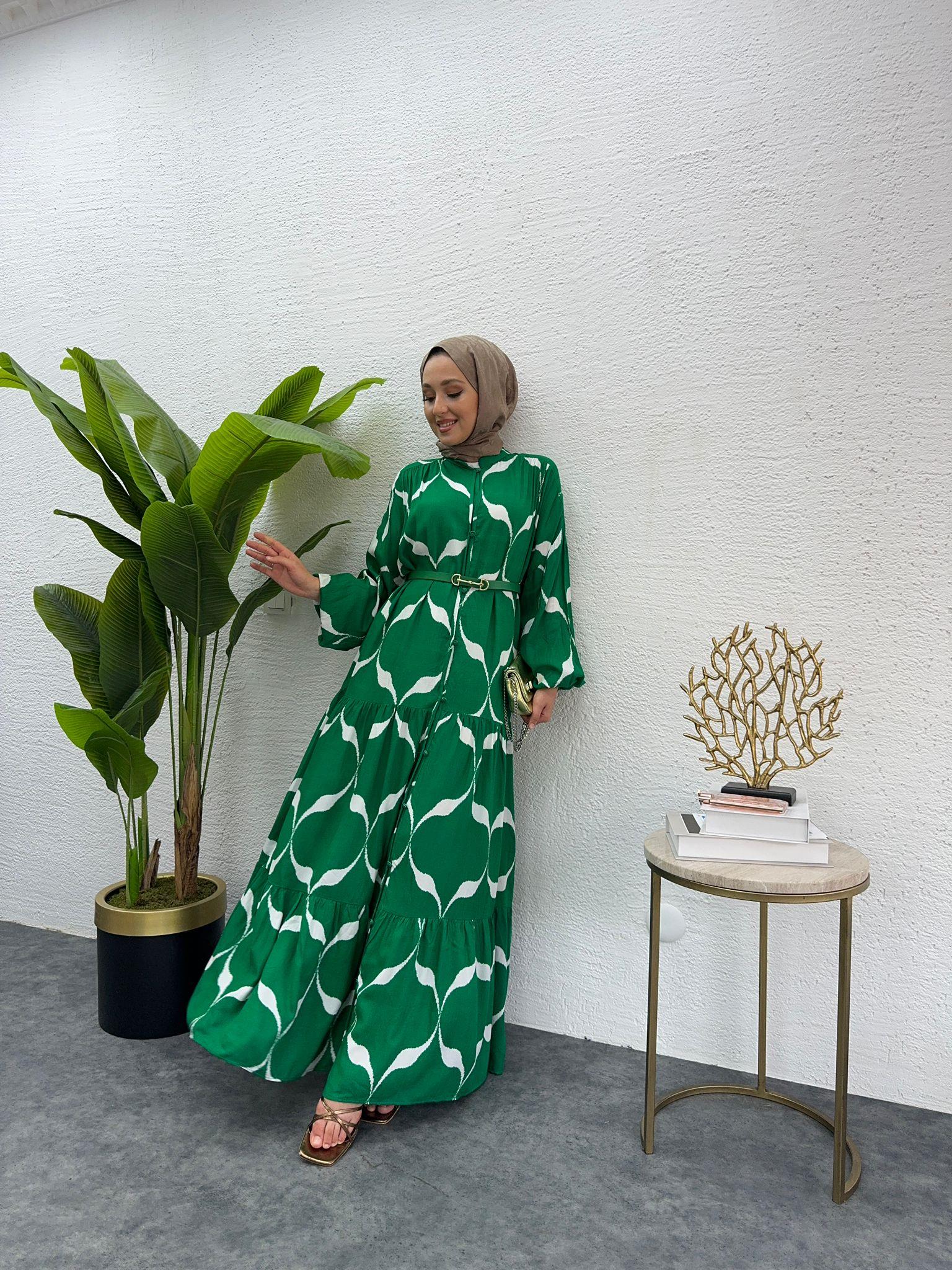 MEYSADESIGN ELBİSELER Kemerli Viskon Elbise Yeşil