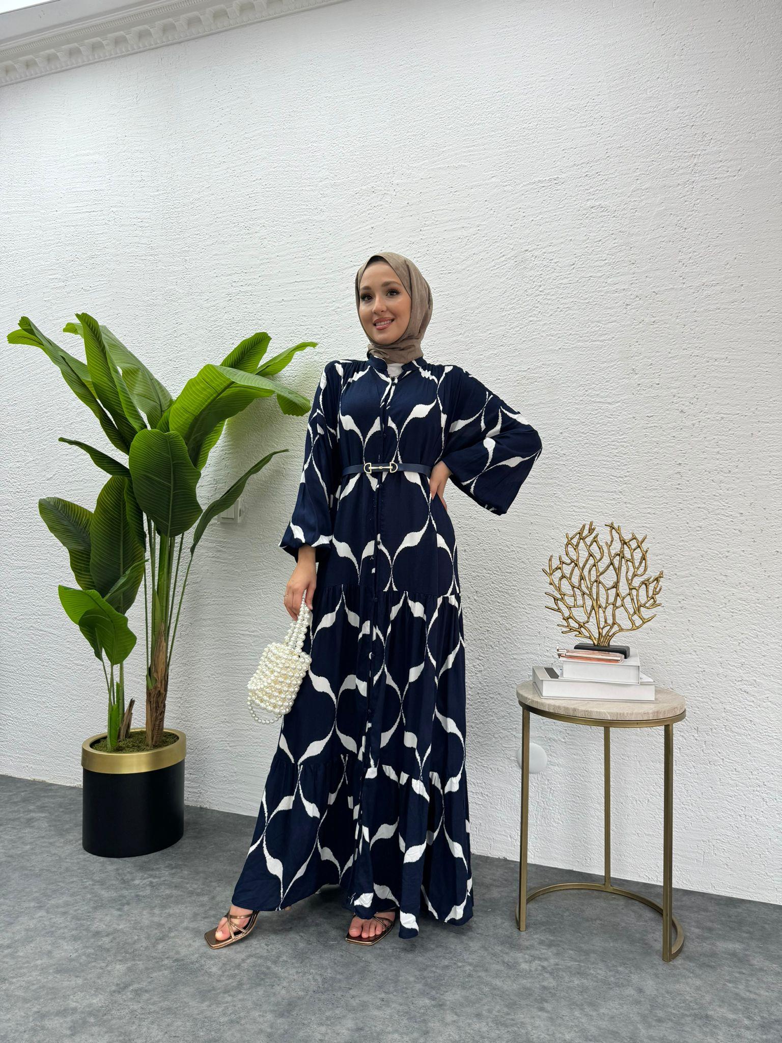 MEYSADESIGN ELBİSELER Kemerli Viskon Elbise Lacivert