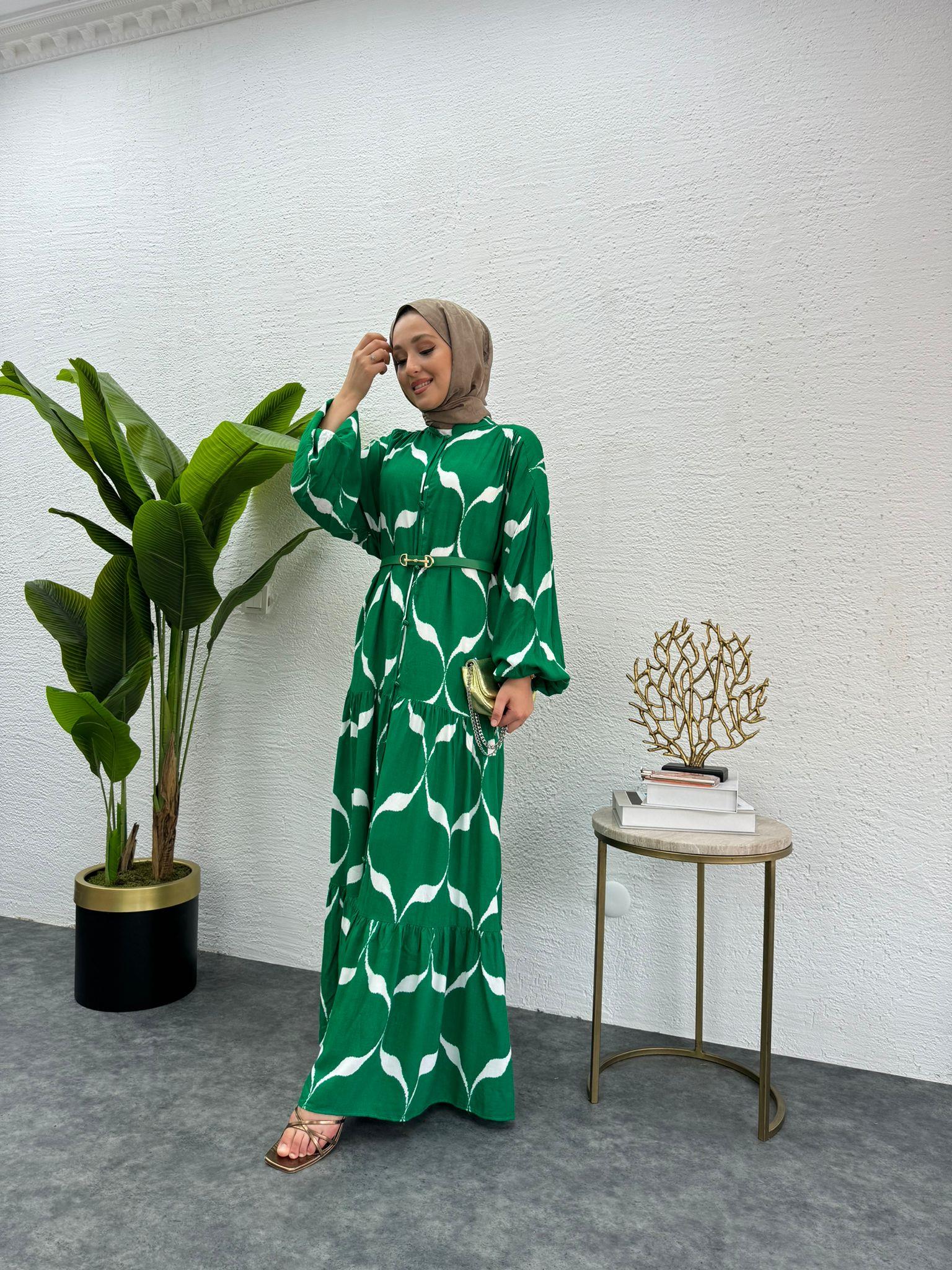 MEYSADESIGN ELBİSELER Kemerli Viskon Elbise Yeşil