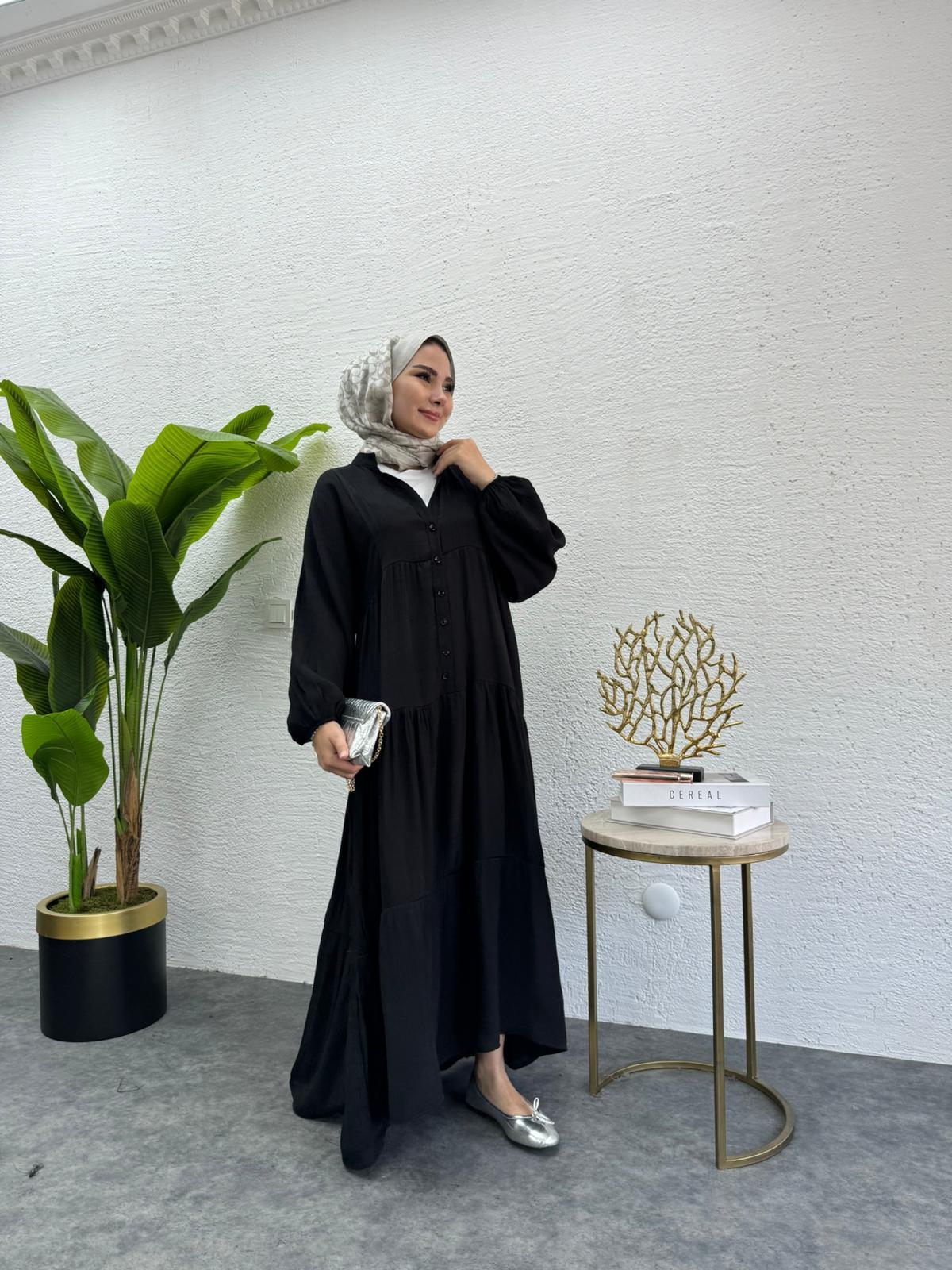 MEYSADESIGN ELBİSELER Keten Düğmeli Elbise Siyah