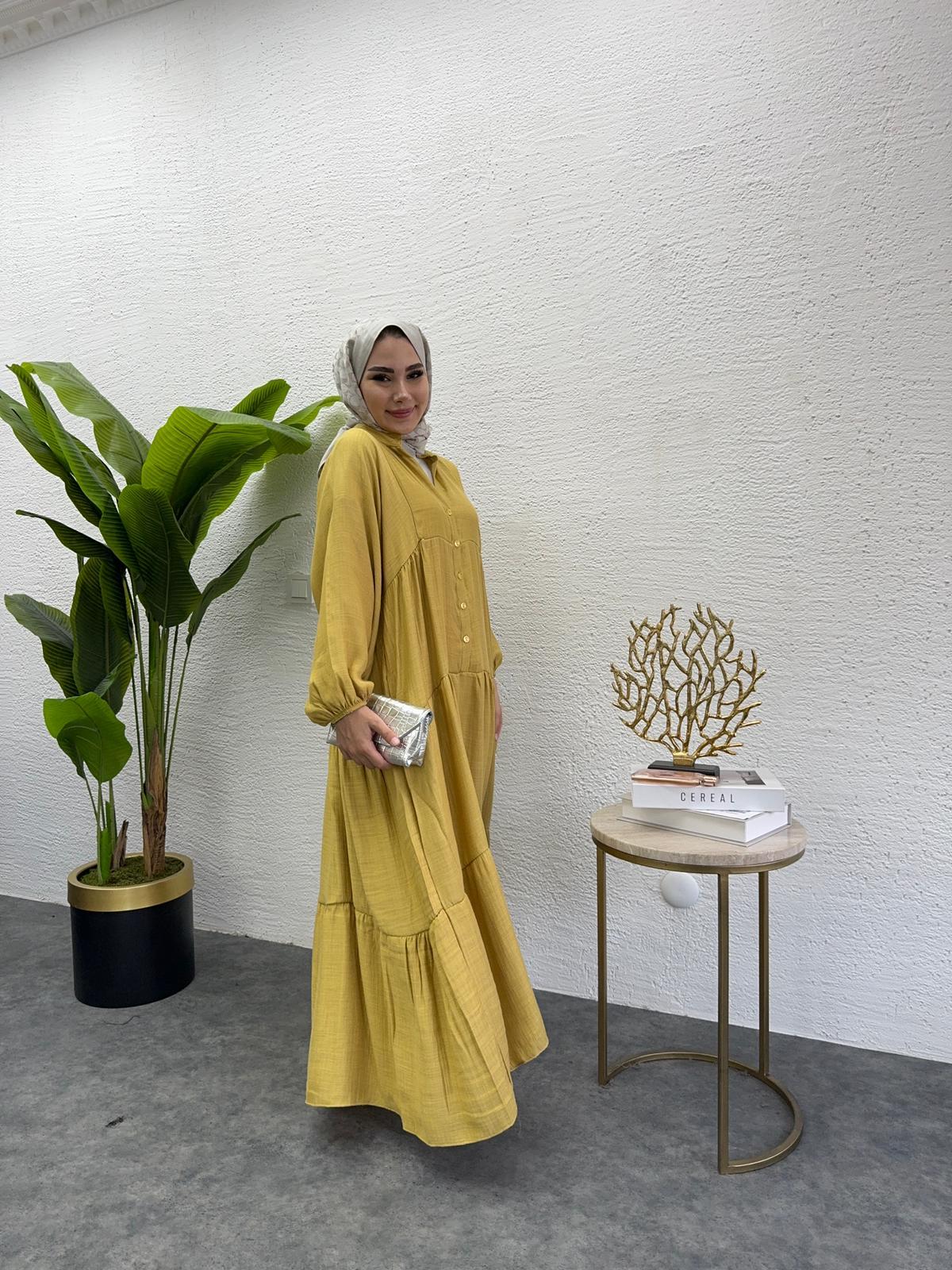 MEYSADESIGN ELBİSELER Keten Düğmeli Elbise Yağ Yeşili