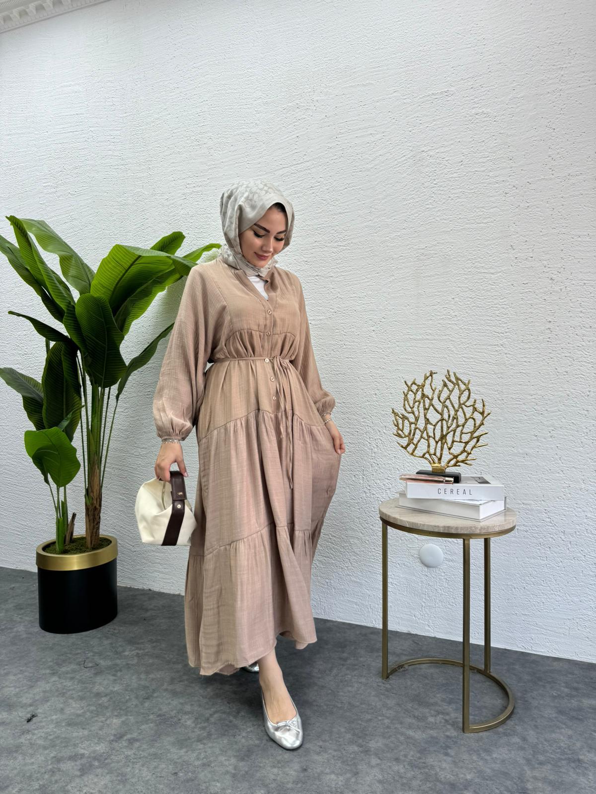 MEYSADESIGN ELBİSELER Keten Düğmeli Elbise Bej