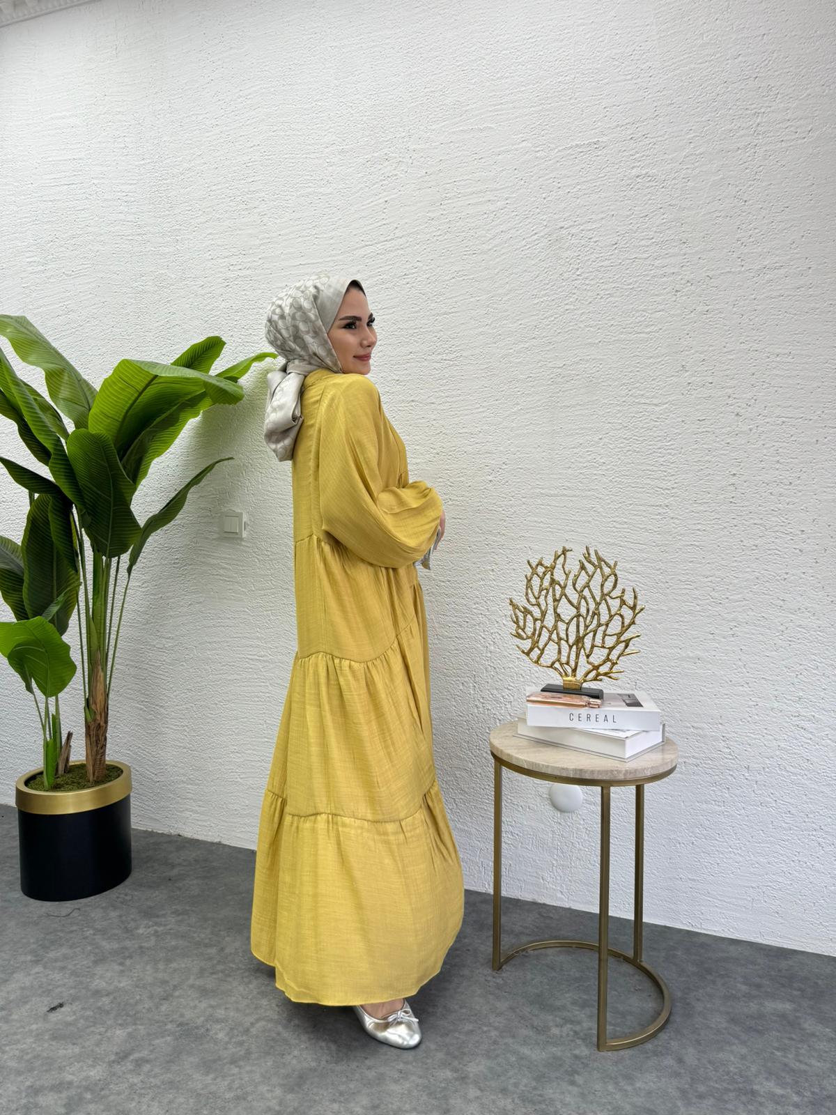 MEYSADESIGN ELBİSELER Keten Düğmeli Elbise Yağ Yeşili