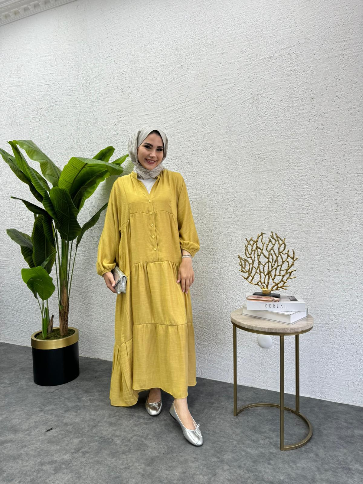 MEYSADESIGN ELBİSELER Keten Düğmeli Elbise Yağ Yeşili