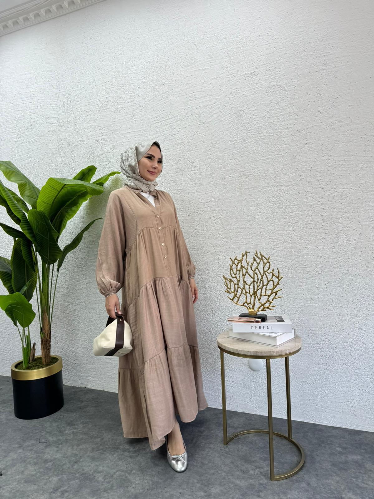 MEYSADESIGN ELBİSELER Keten Düğmeli Elbise Bej