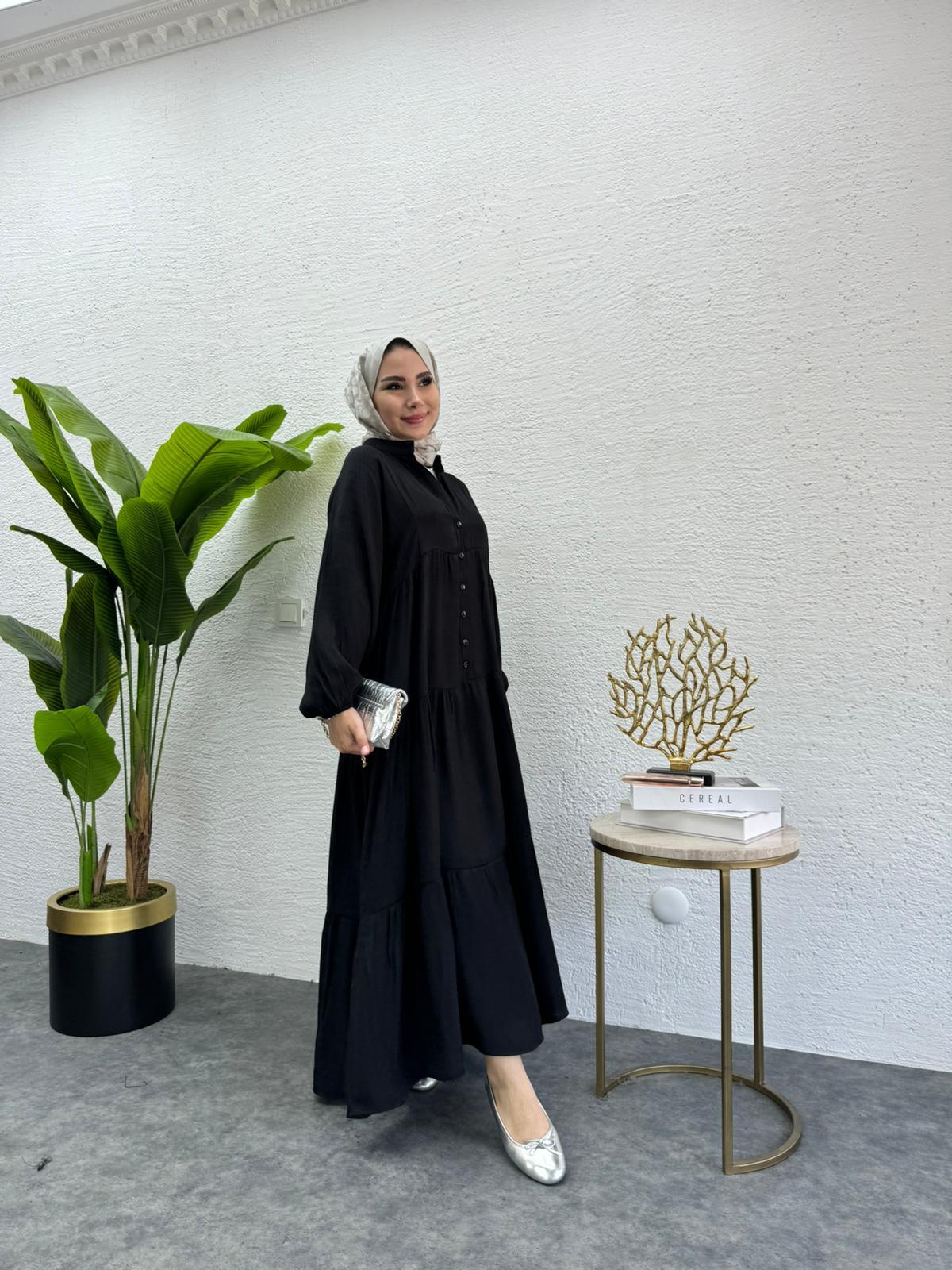 MEYSADESIGN ELBİSELER Keten Düğmeli Elbise Siyah