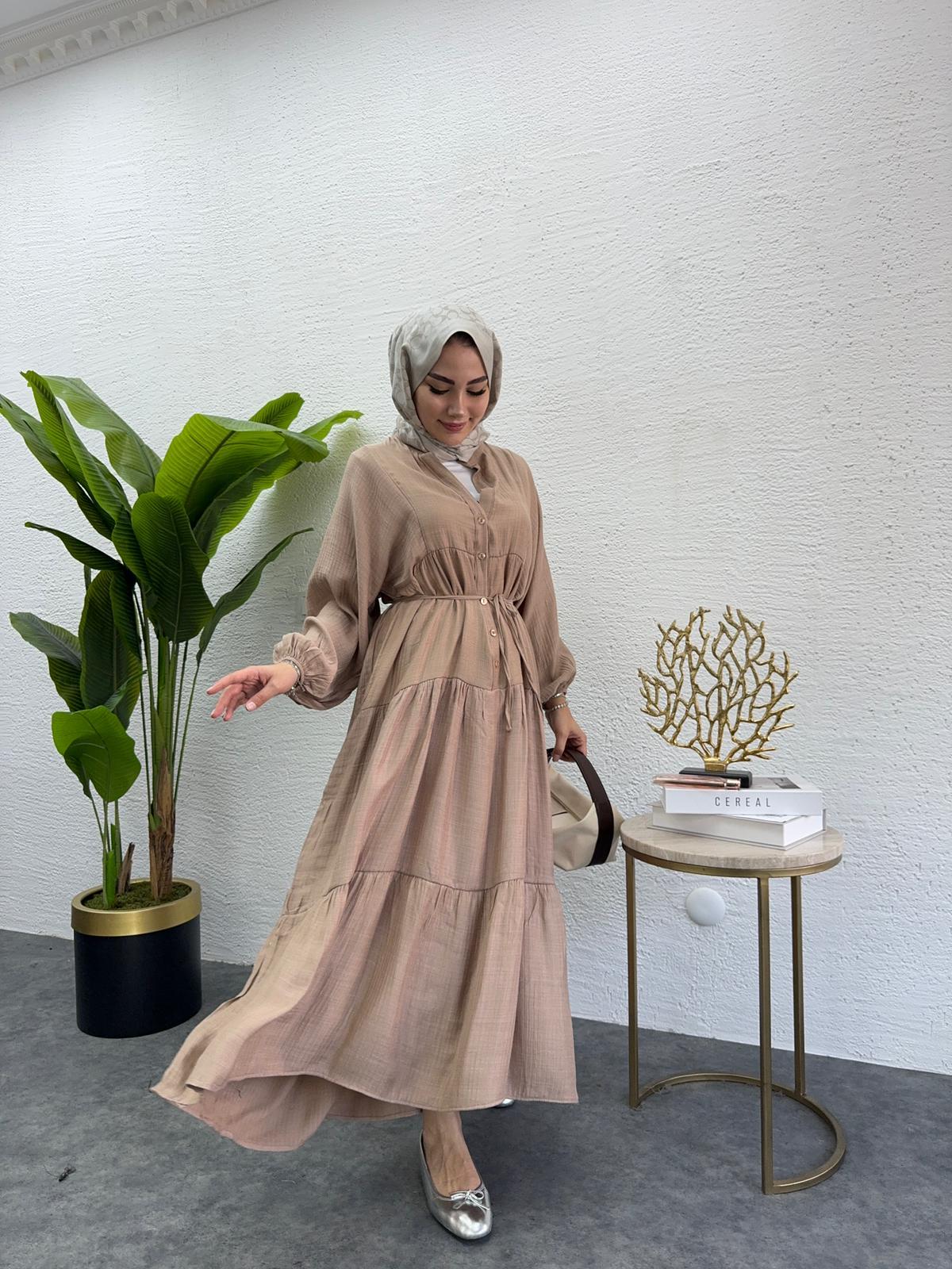 MEYSADESIGN ELBİSELER Keten Düğmeli Elbise Bej