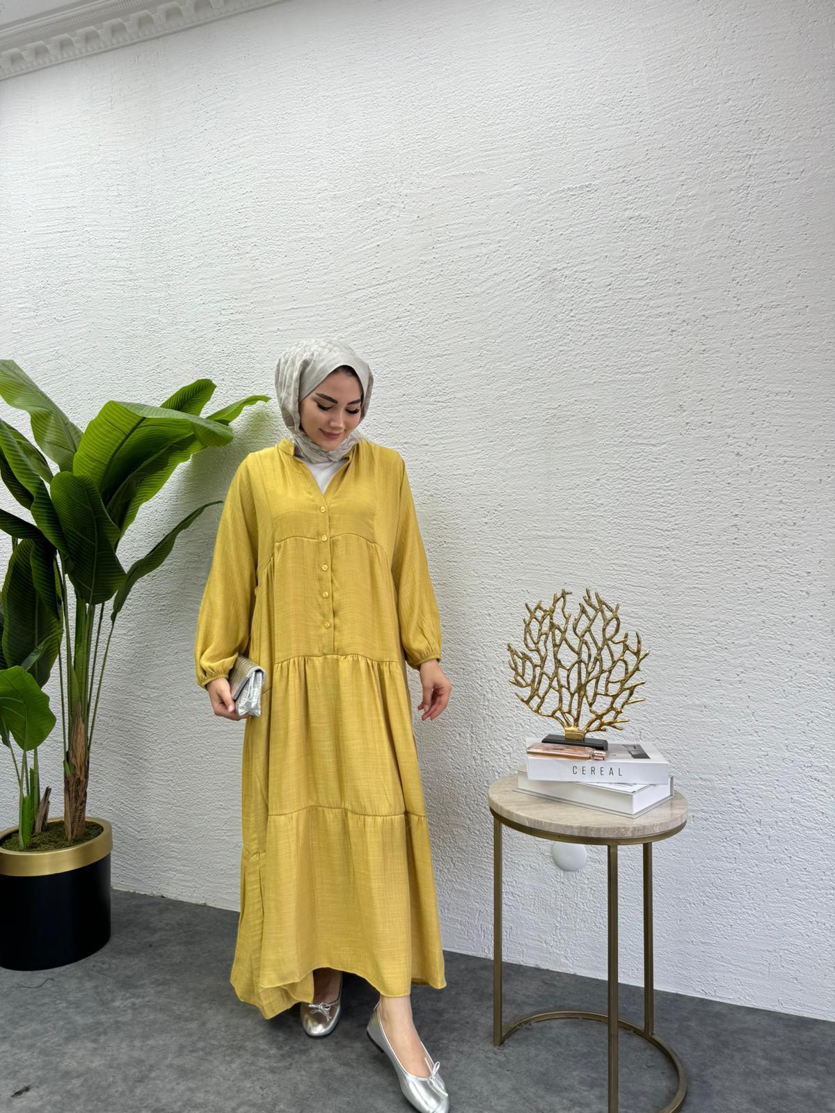 MEYSADESIGN ELBİSELER Keten Düğmeli Elbise Yağ Yeşili