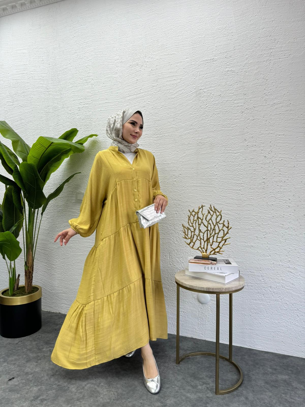 MEYSADESIGN ELBİSELER Keten Düğmeli Elbise Yağ Yeşili