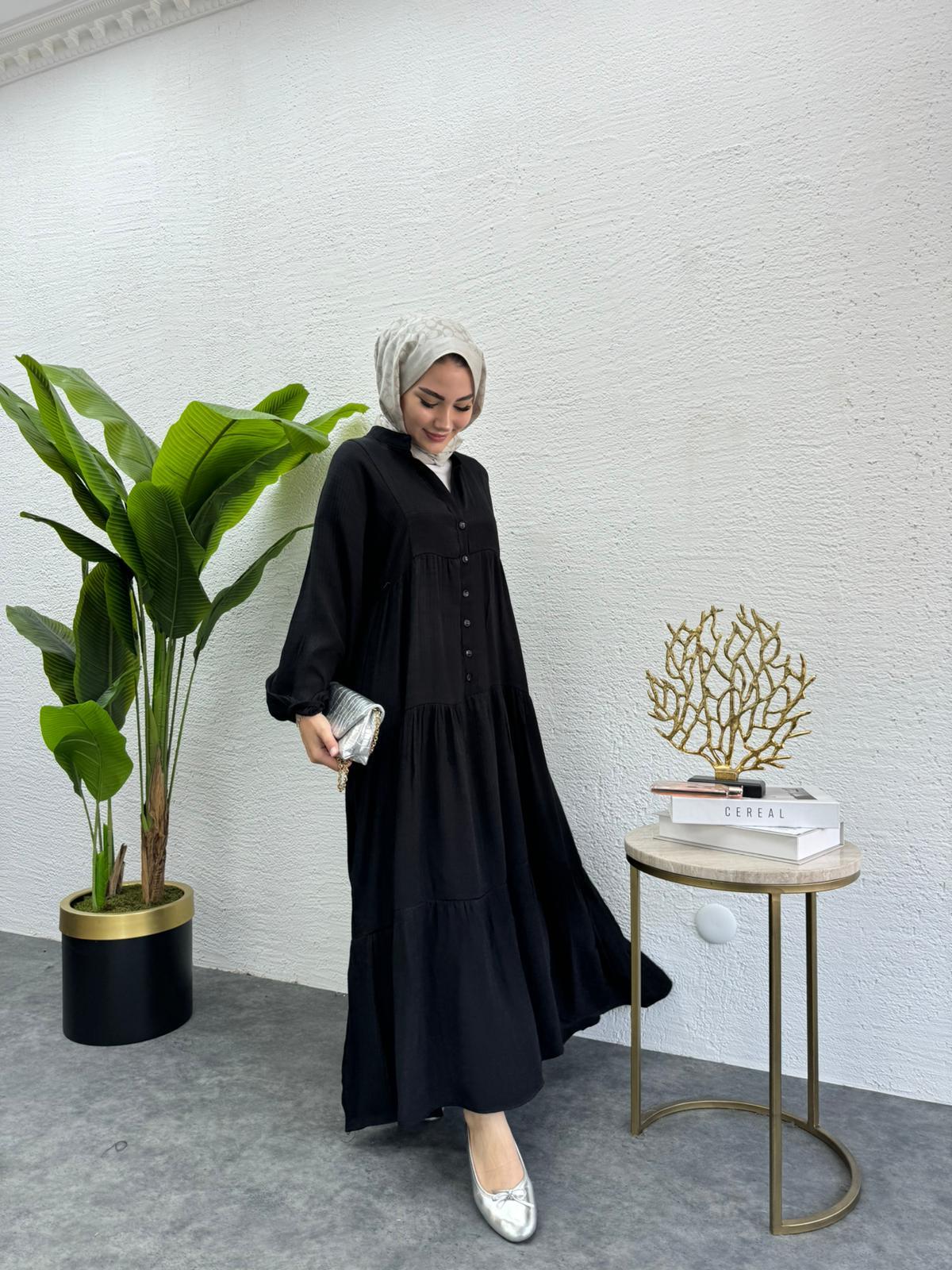 MEYSADESIGN ELBİSELER Keten Düğmeli Elbise Siyah