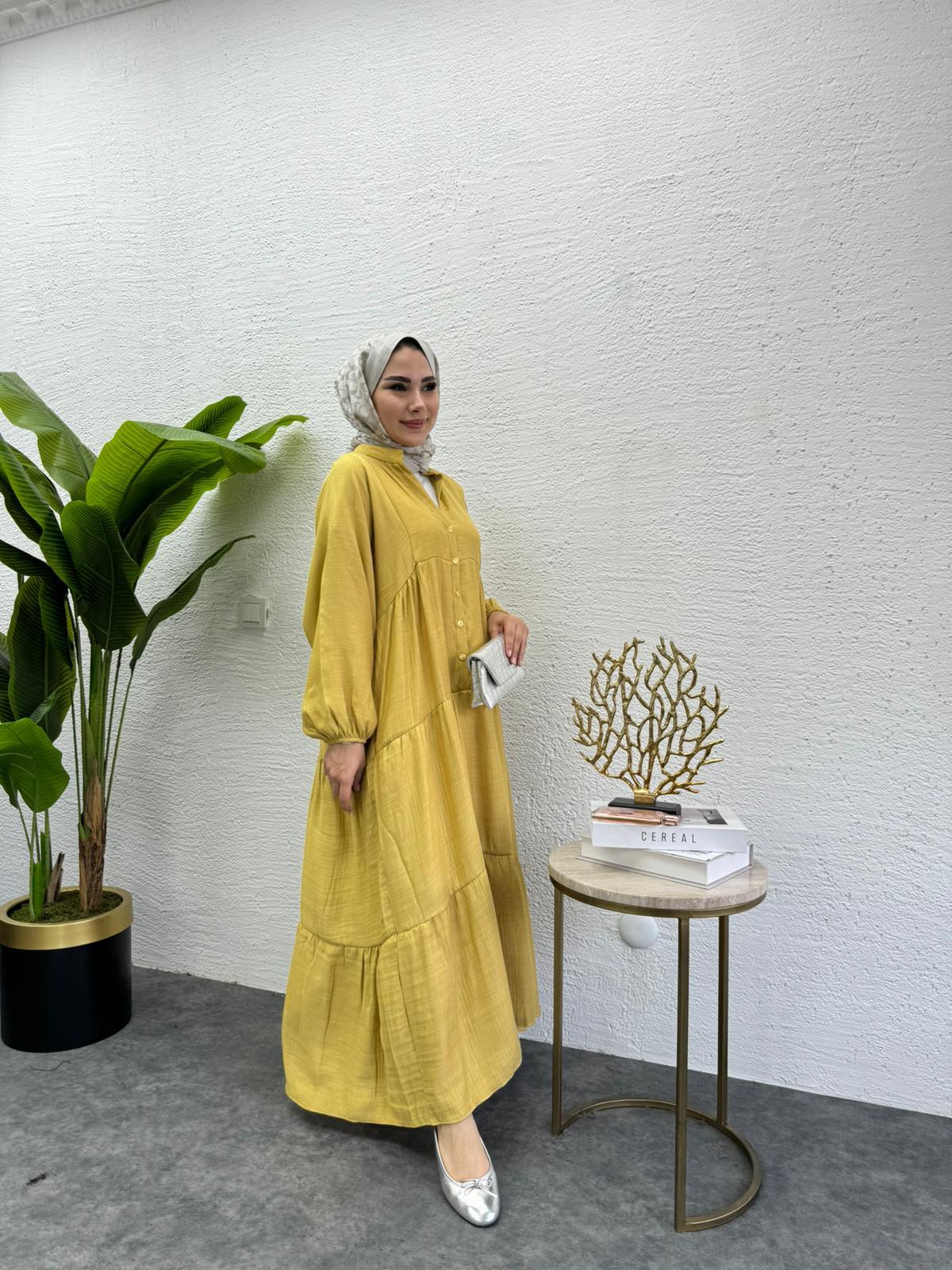 MEYSADESIGN ELBİSELER Keten Düğmeli Elbise Yağ Yeşili