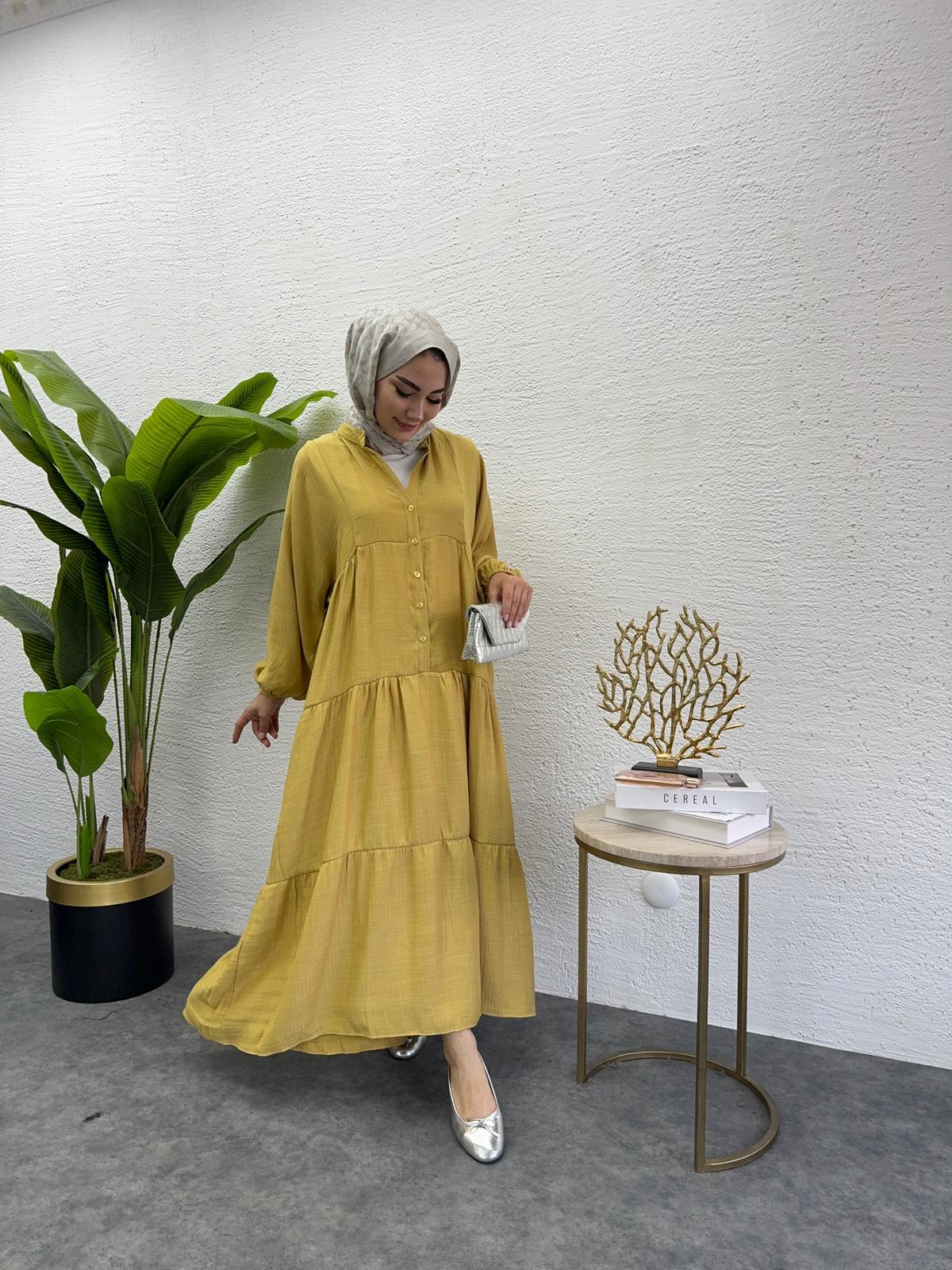 MEYSADESIGN ELBİSELER Keten Düğmeli Elbise Yağ Yeşili