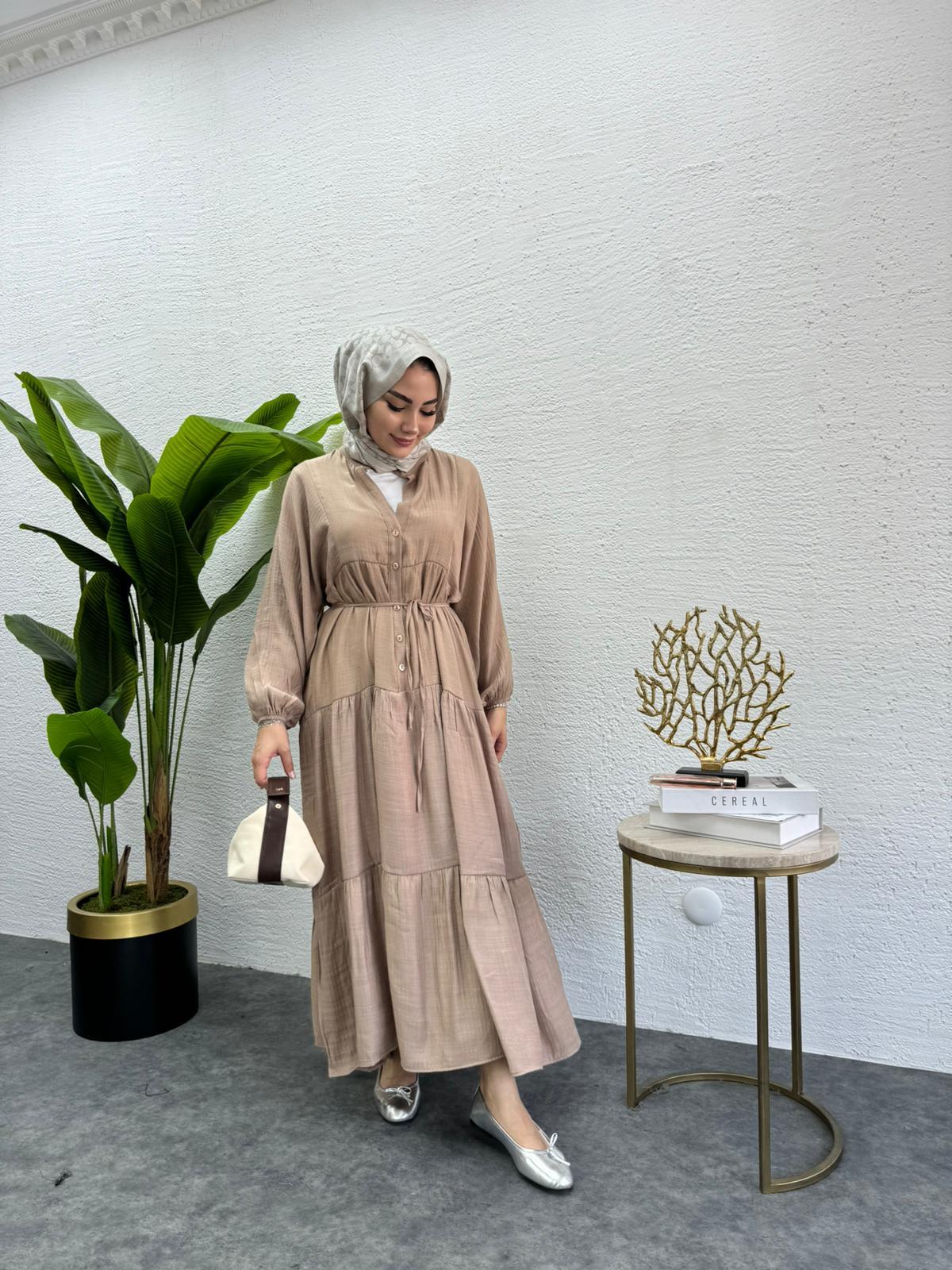 MEYSADESIGN ELBİSELER Keten Düğmeli Elbise Bej