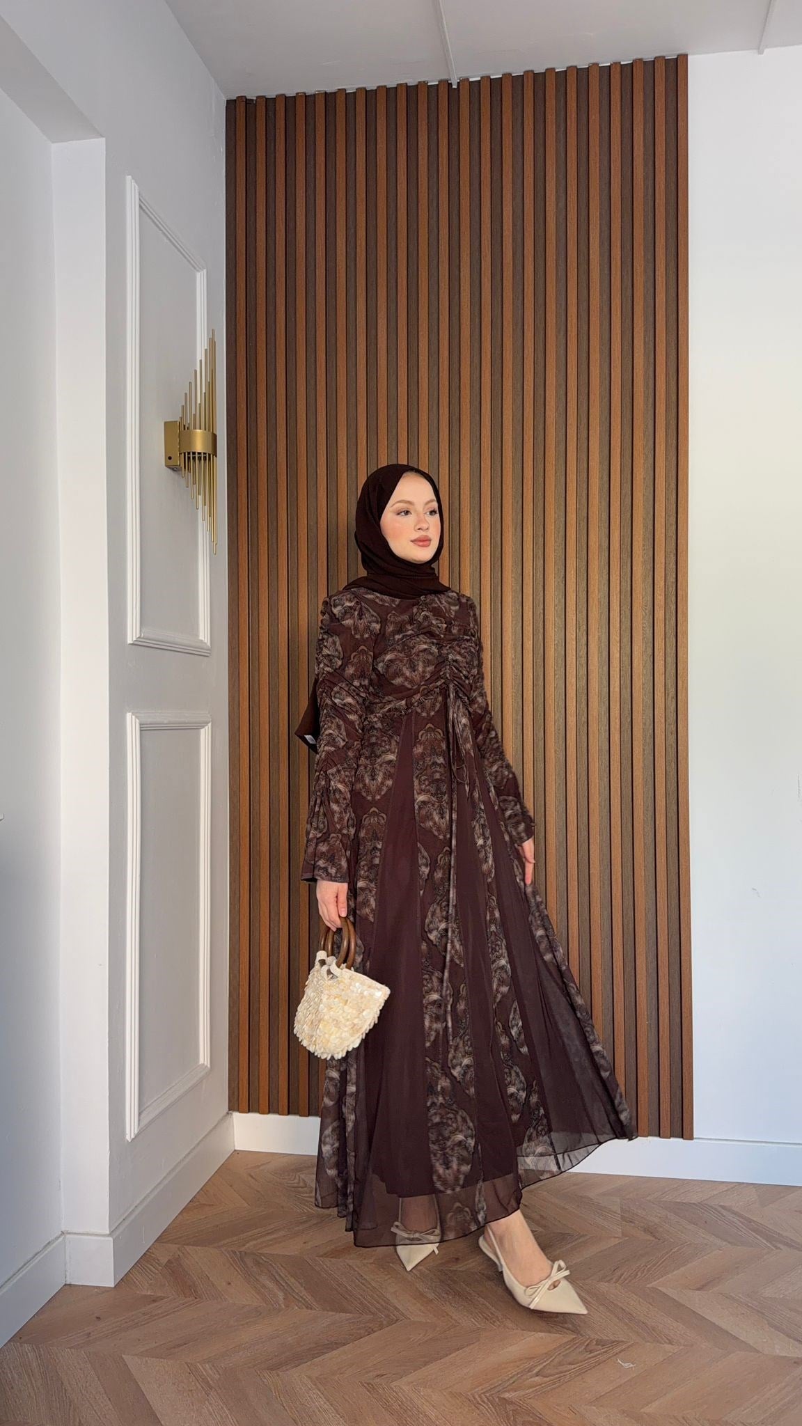 MEYSADESIGN ELBİSELER Lara Baskılı Desenli Şifon Elbise Kahve