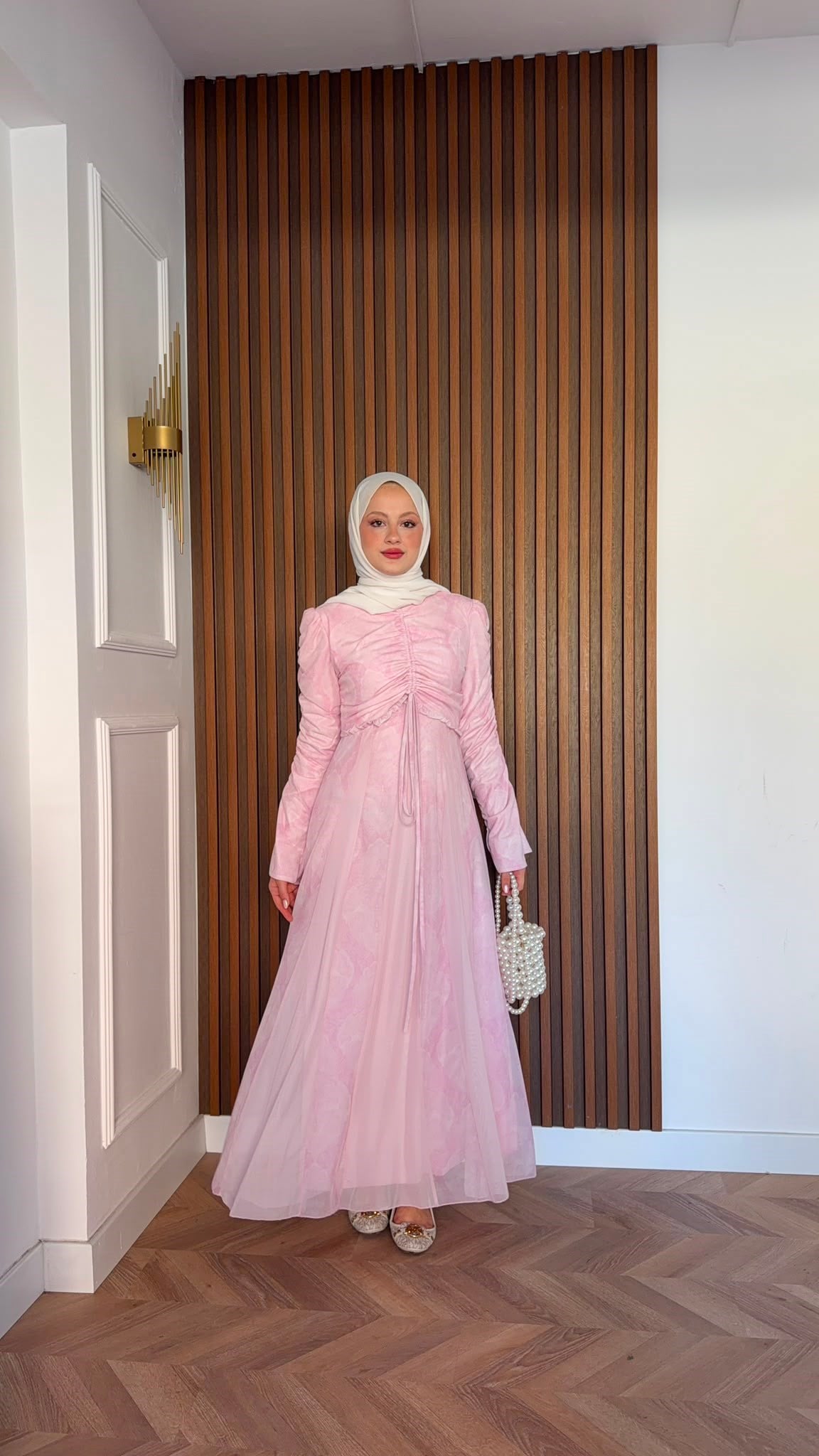MEYSADESIGN ELBİSELER Lara Baskılı Desenli Şifon Elbise Pudra