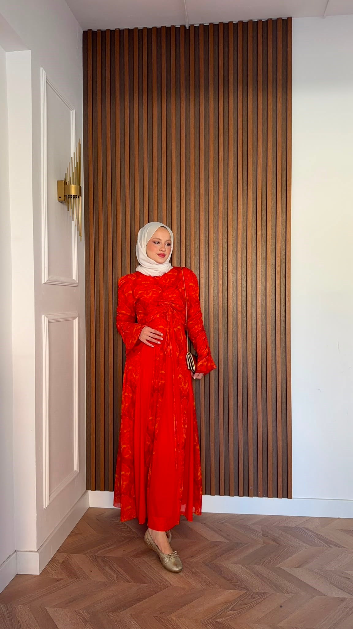 MEYSADESIGN ELBİSELER Lara Baskılı Desenli Şifon Elbise Turuncu