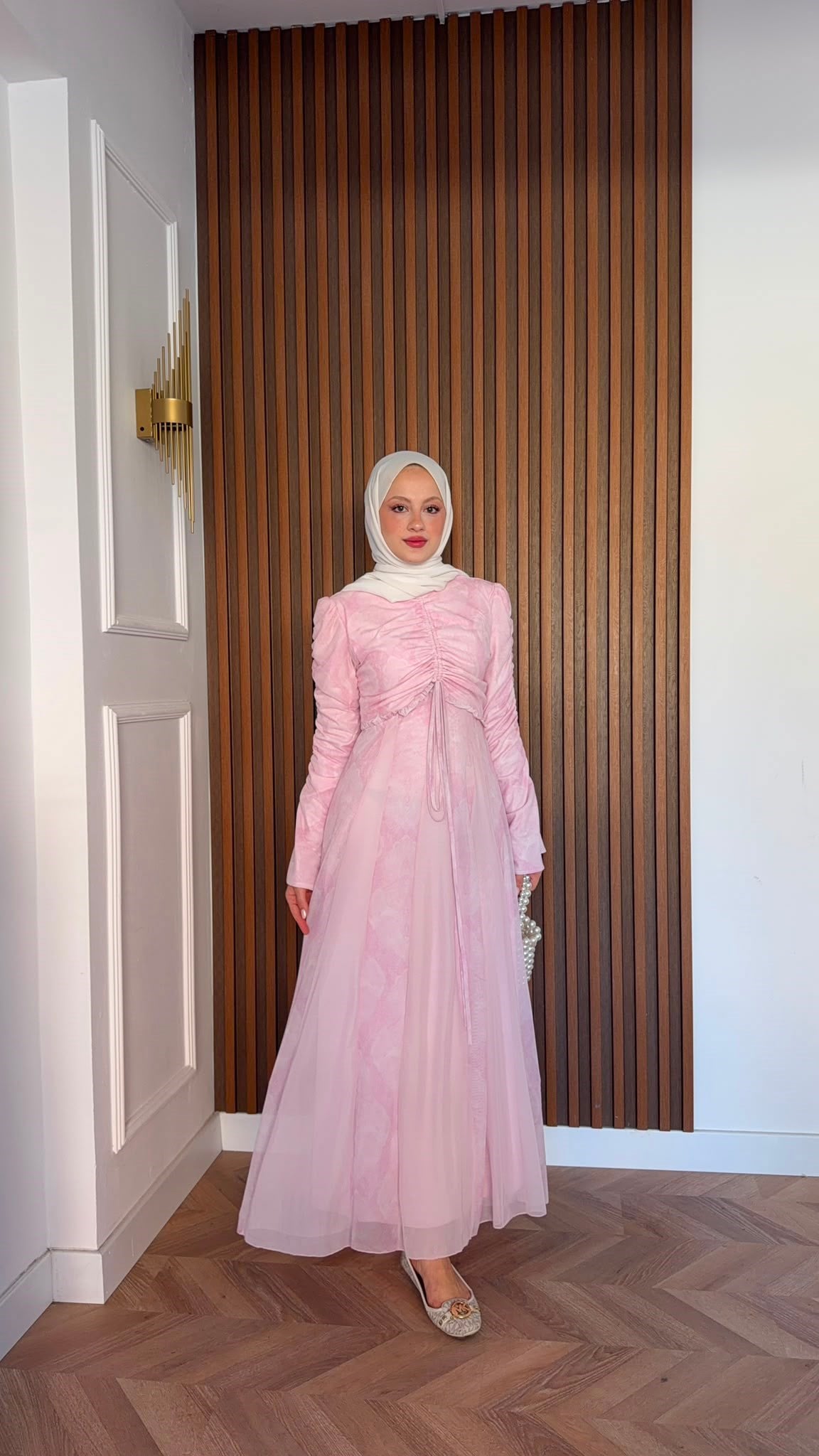 MEYSADESIGN ELBİSELER Lara Baskılı Desenli Şifon Elbise Pudra