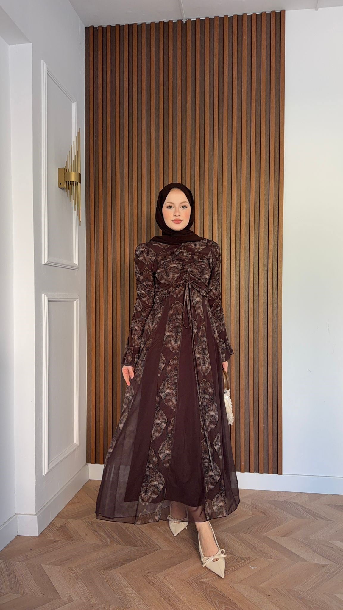MEYSADESIGN ELBİSELER Lara Baskılı Desenli Şifon Elbise Kahve