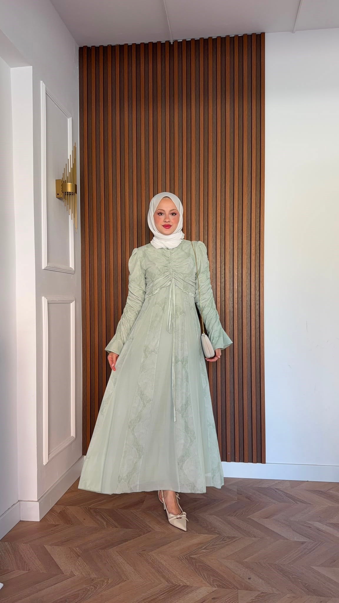 MEYSADESIGN ELBİSELER Lara Baskılı Desenli Şifon Elbise Su Yeşili