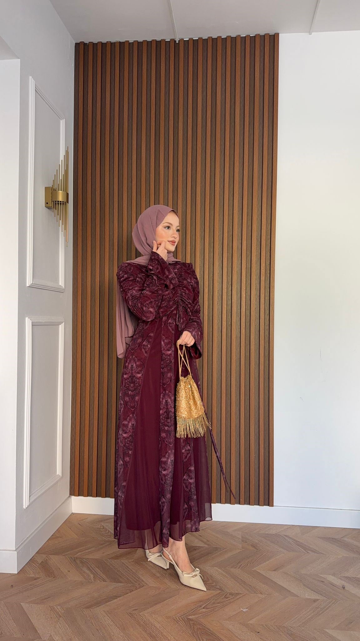 MEYSADESIGN ELBİSELER Lara Baskılı Desenli Şifon Elbise Bordo