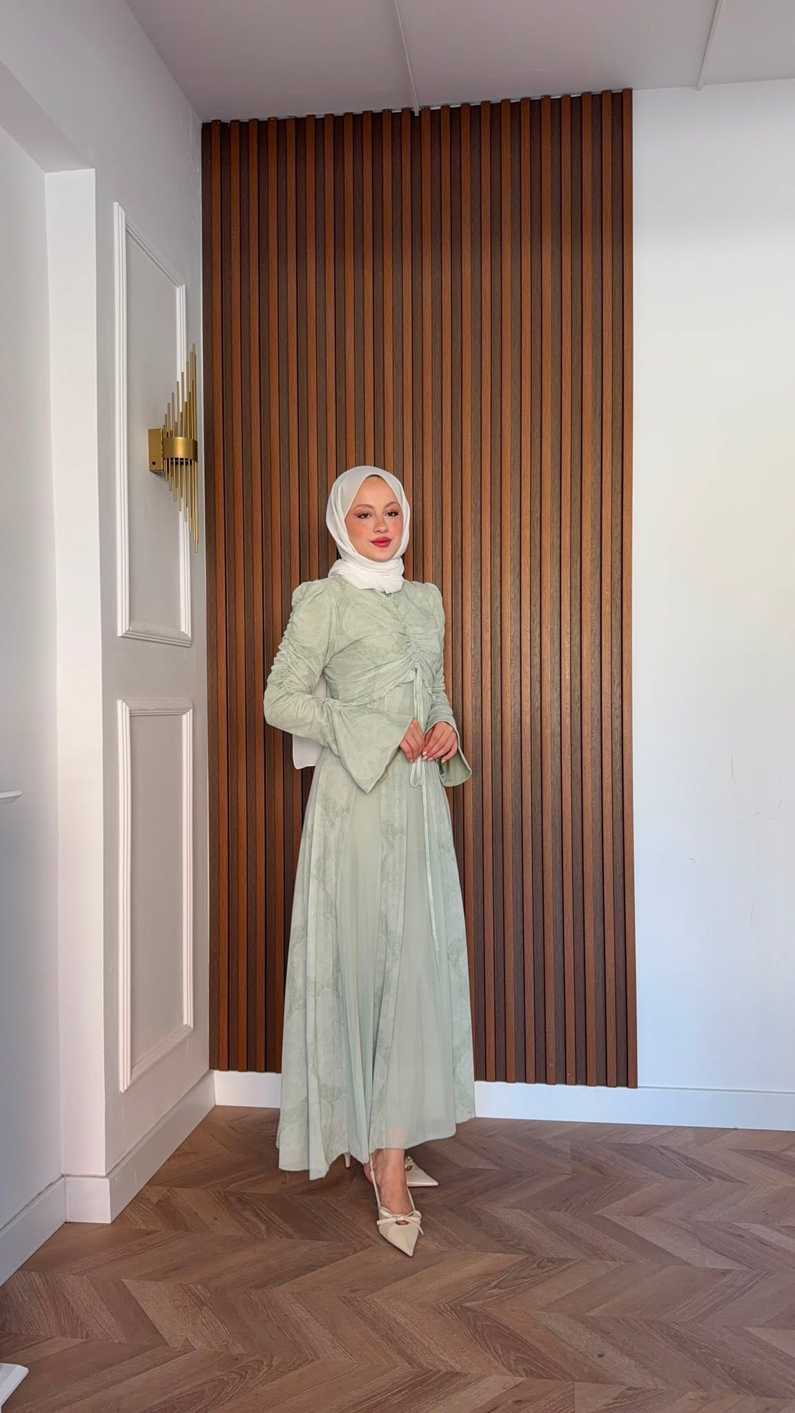 MEYSADESIGN ELBİSELER Lara Baskılı Desenli Şifon Elbise Su Yeşili