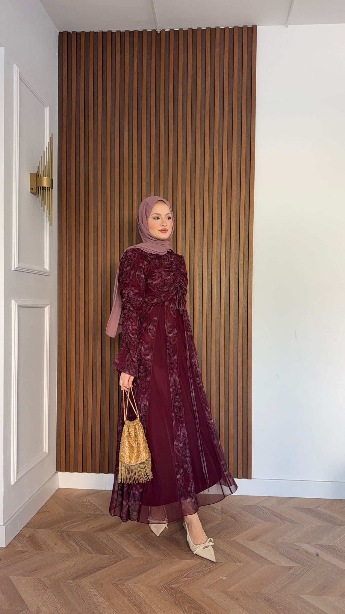 MEYSADESIGN ELBİSELER Lara Baskılı Desenli Şifon Elbise Bordo