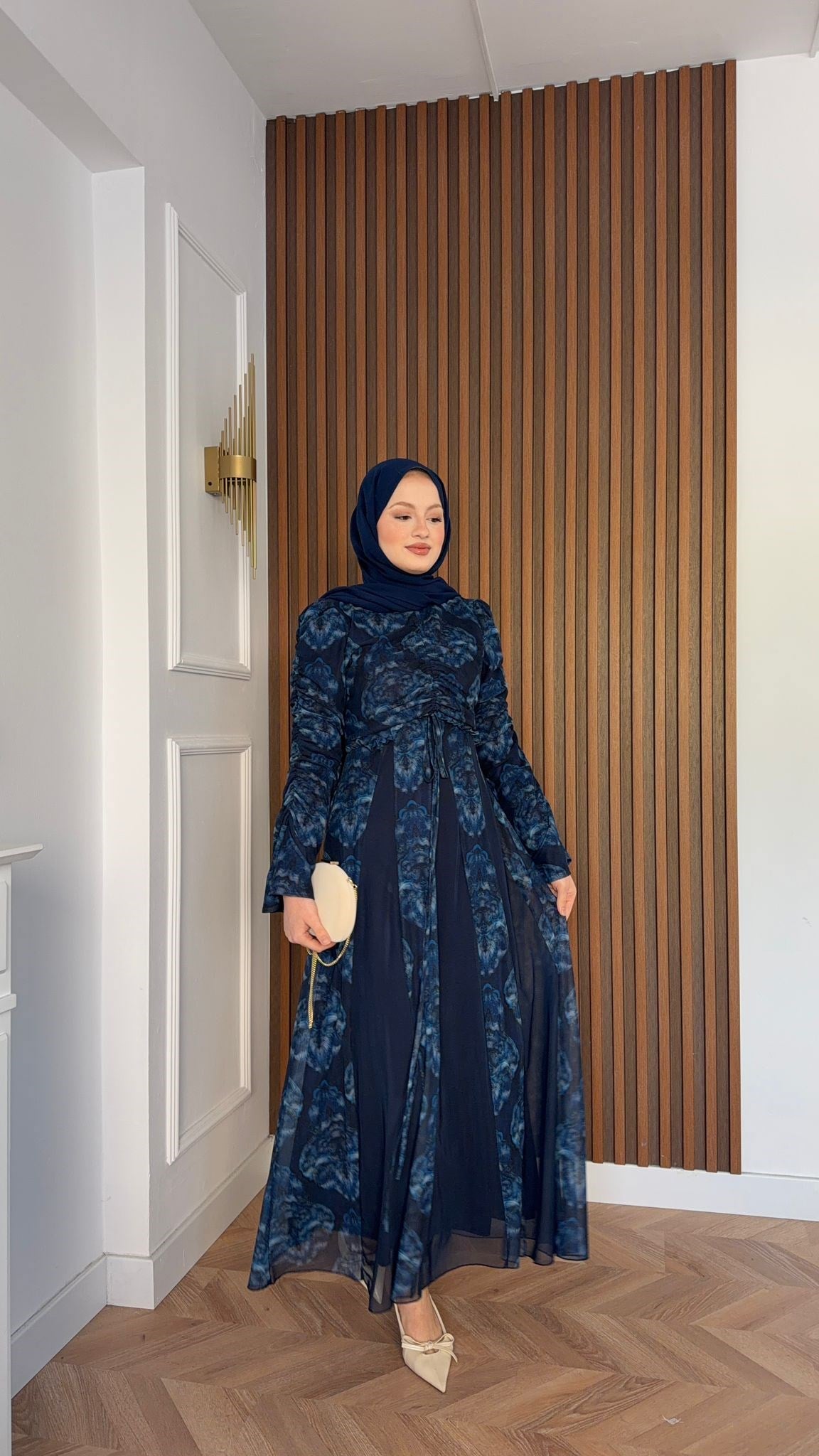 MEYSADESIGN ELBİSELER Lara Baskılı Desenli Şifon Elbise Lacivert